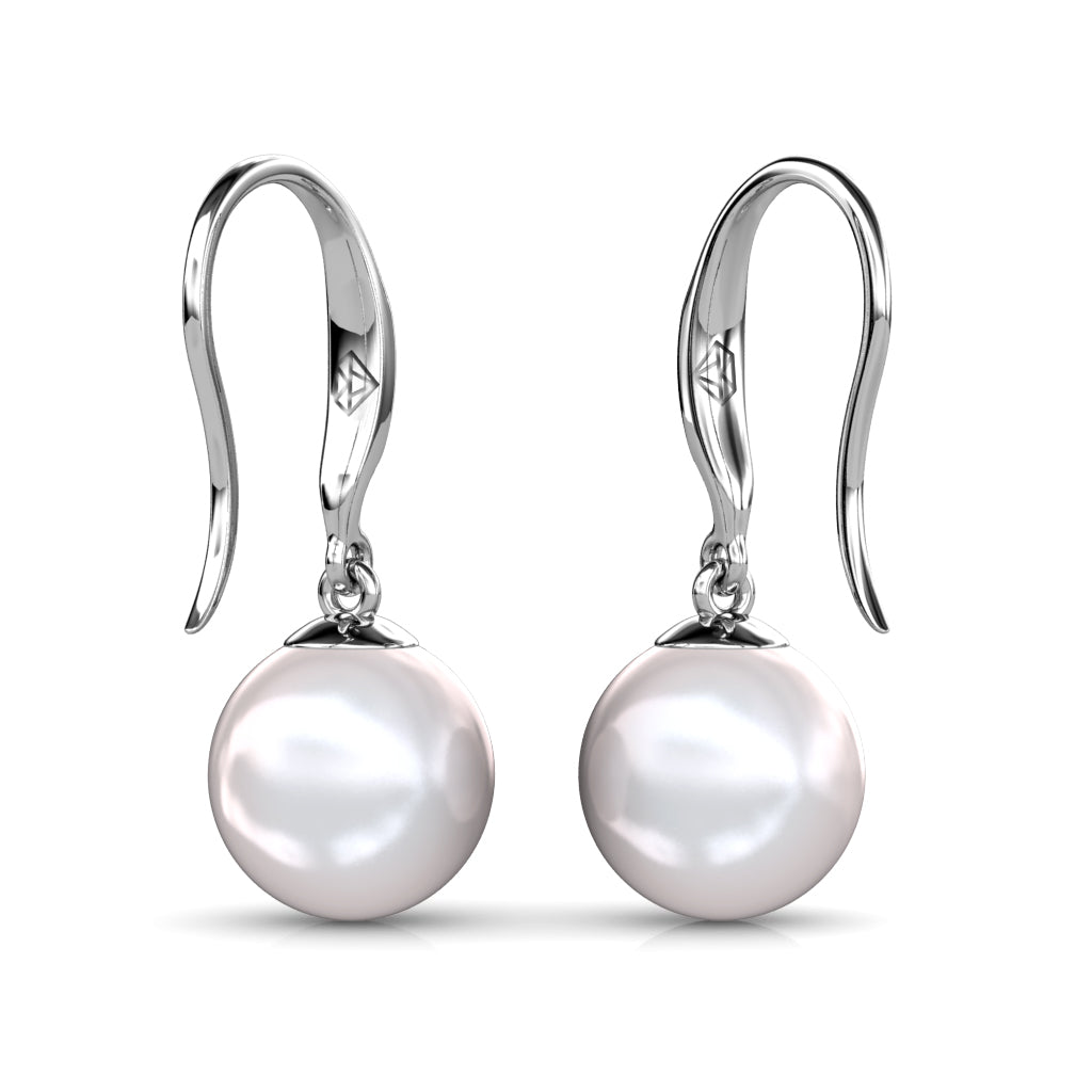 Betty 18k White Gold Plated Shell Pearl Drop Dangle Earrings with Swarovski Crystals