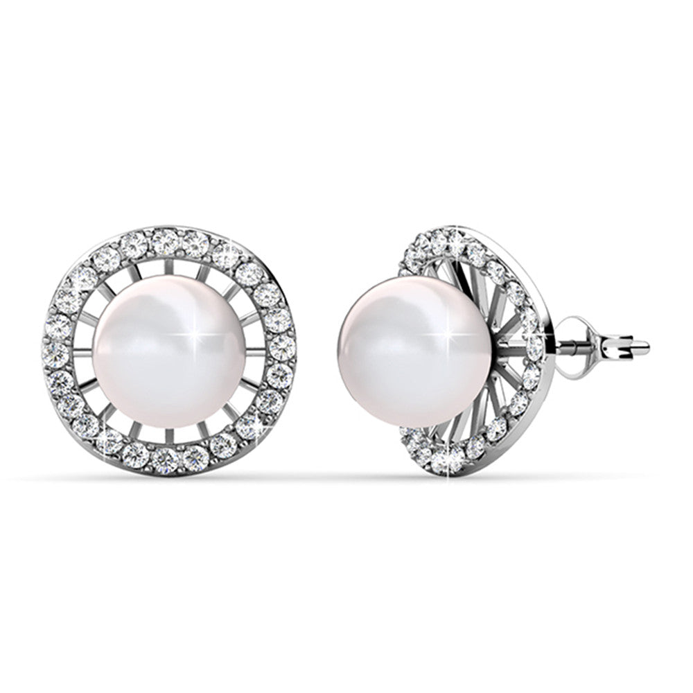 Nina 18k White Gold Plated Pearl Halo Stud Earrings with Swarovski Crystals