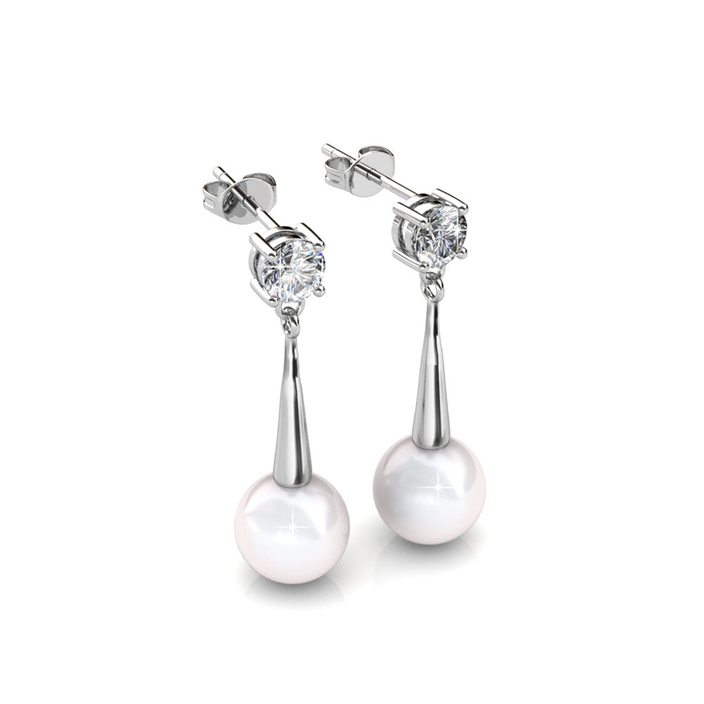 Tatum 18k White Gold Plated Pearl Dangling Stud Earrings with Swarovski Crystal