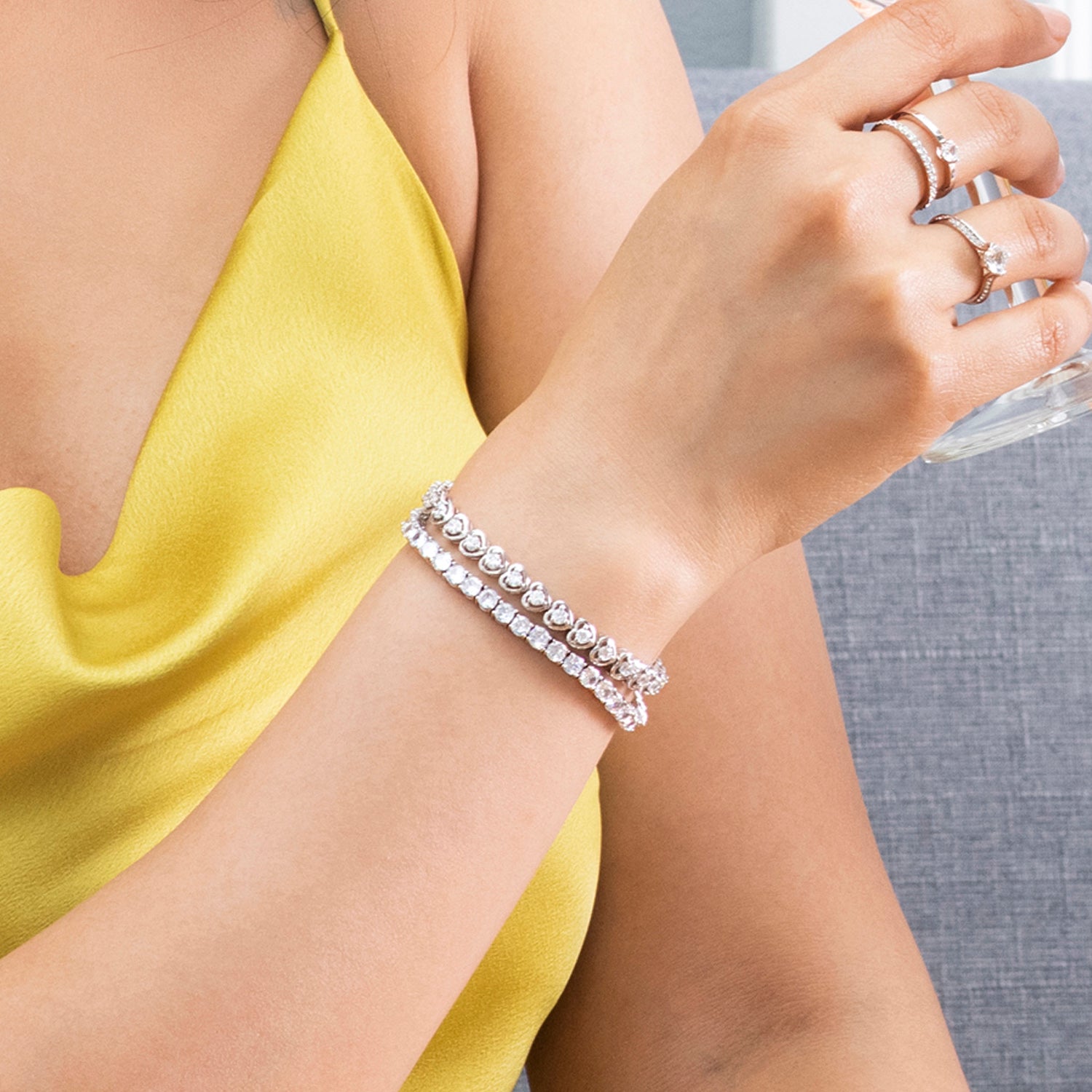 Rosalie 18k White Gold Plated Heart Tennis Bracelet with Simulated Diamond Crystals
