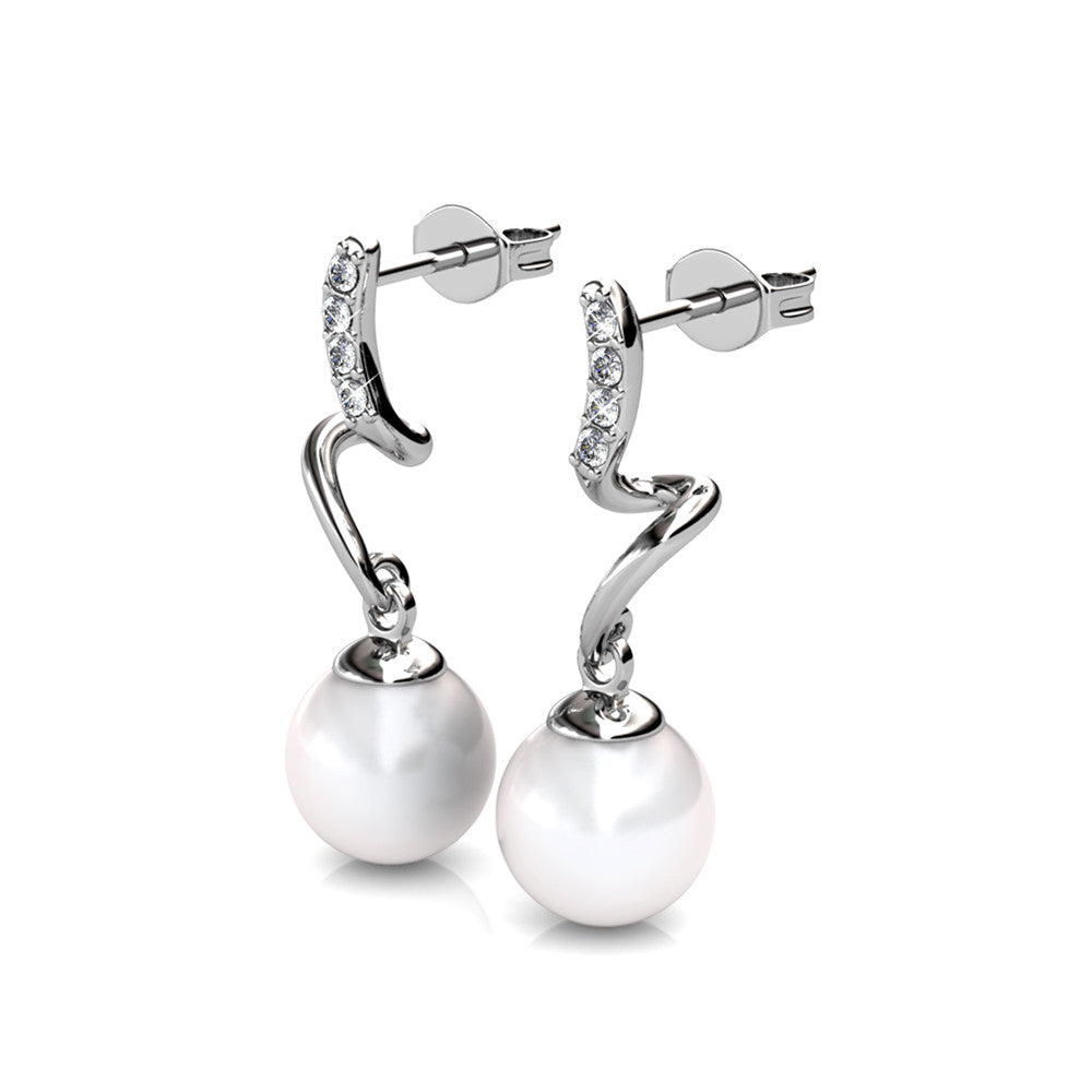 Ophelia 18k White Gold Plated Drop Pearl Earrings with Swarovski Crystals