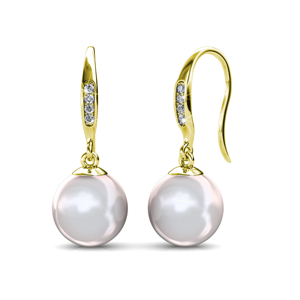 Betty 18k White Gold Plated Shell Pearl Drop Dangle Earrings with Swarovski Crystals