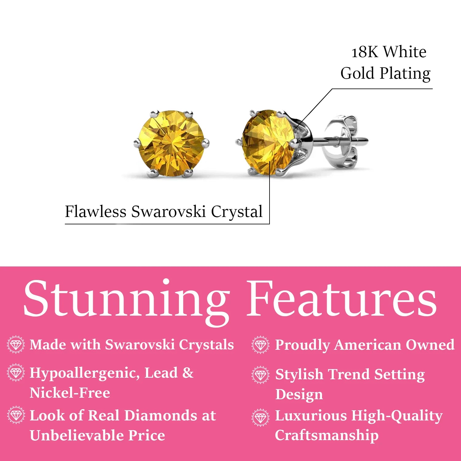 Birthstone Earrings 18k White Gold Plated Stud Earrings with 1CT Swarovski Crystals