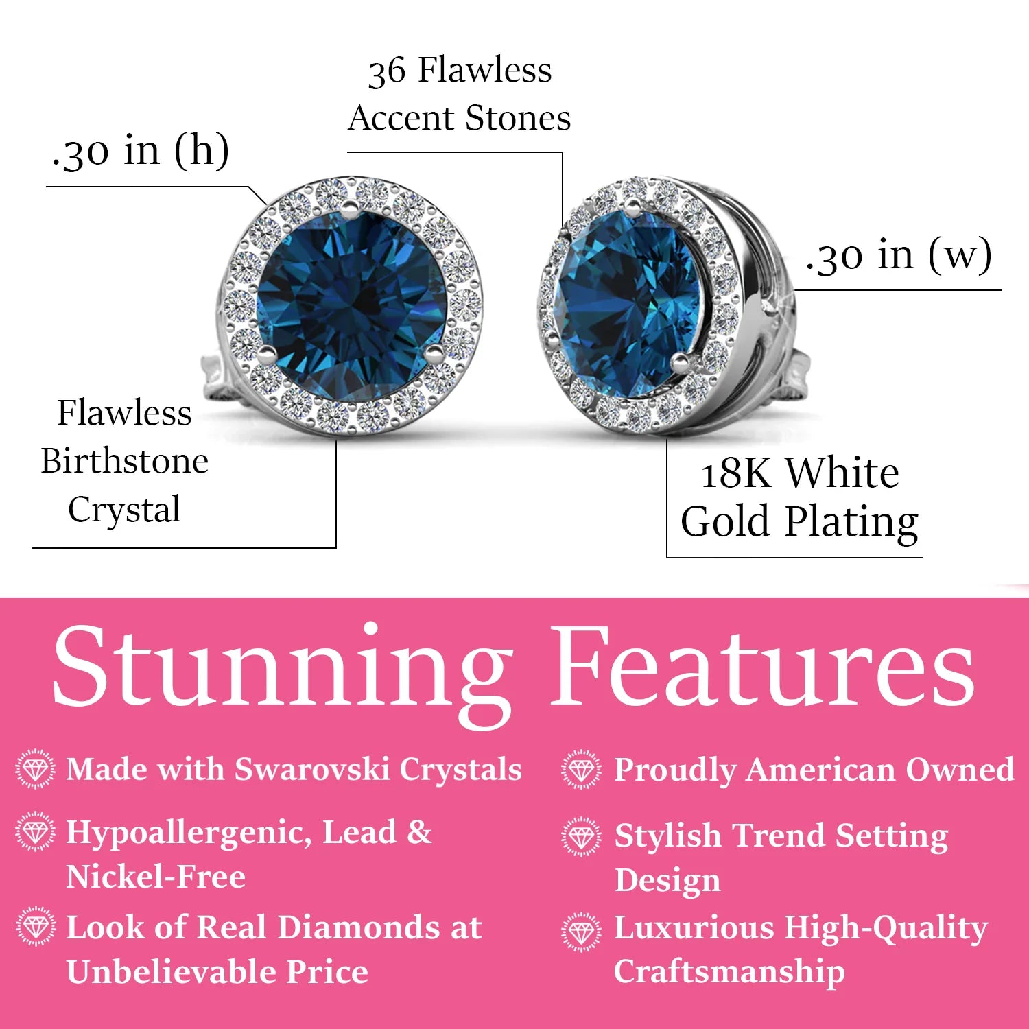 Royal 18k White Gold Plated Birthstone Halo Earrings with Round Cut Swarovski Crystals