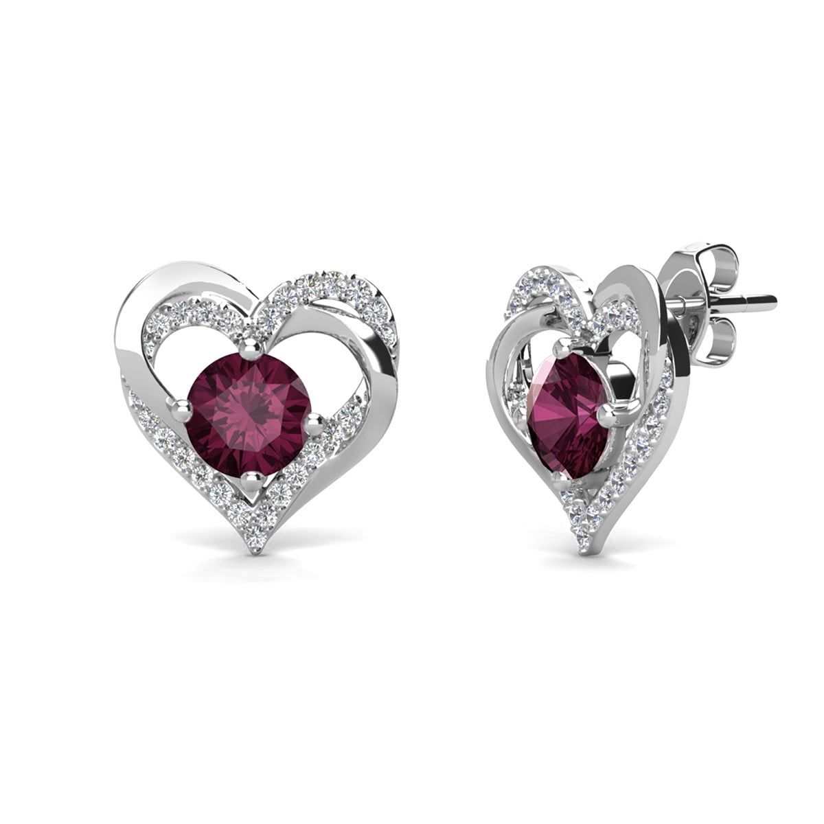 Forever Birthstone 18k White Gold Plated Silver Double Heart Earrings with Swarovski Crystals