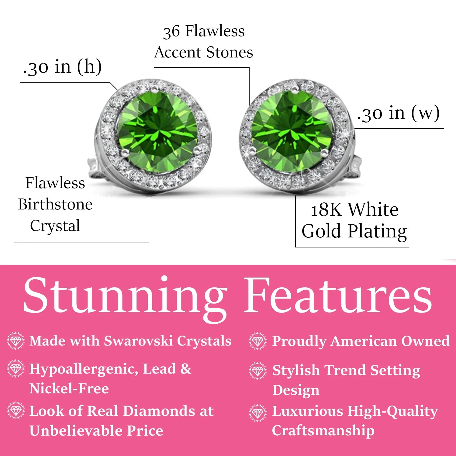 Royal 18k White Gold Plated August Birthstone Halo Earrings with Round Cut Peridot Swarovski Crystals