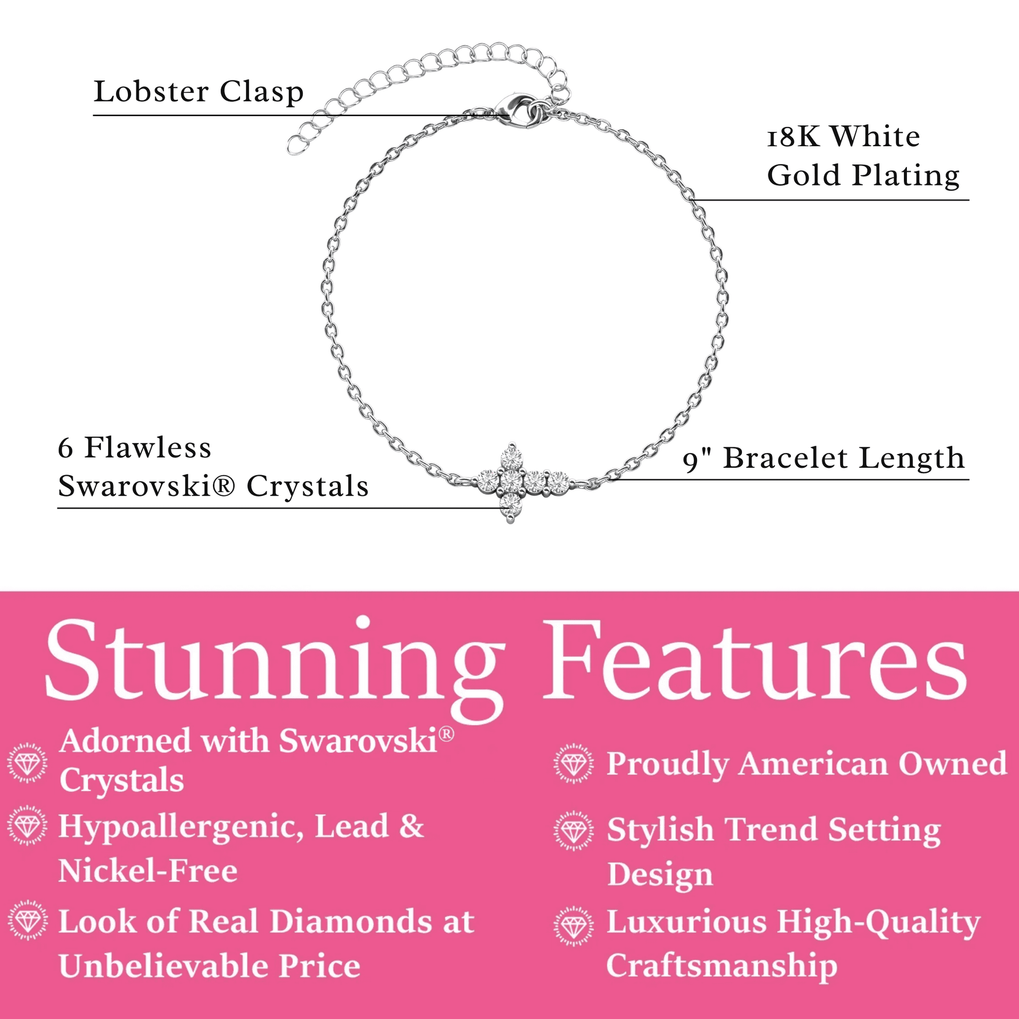 Zuri 18k White Gold Plated Silver Cross Bracelet with Swarovski Crystals