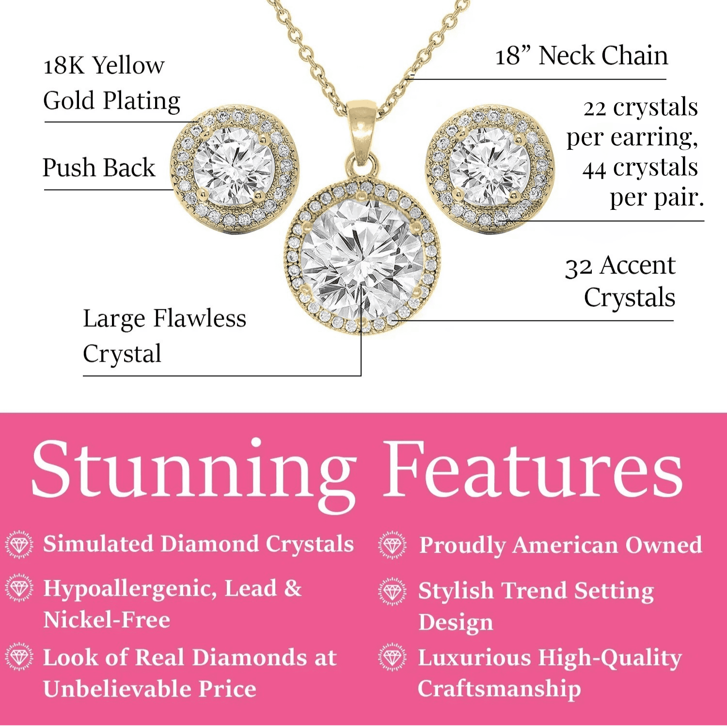 Mariah 18k White Gold Plated Halo Stud Earring and Necklace Jewelry Set with Simulated Diamond Crystals