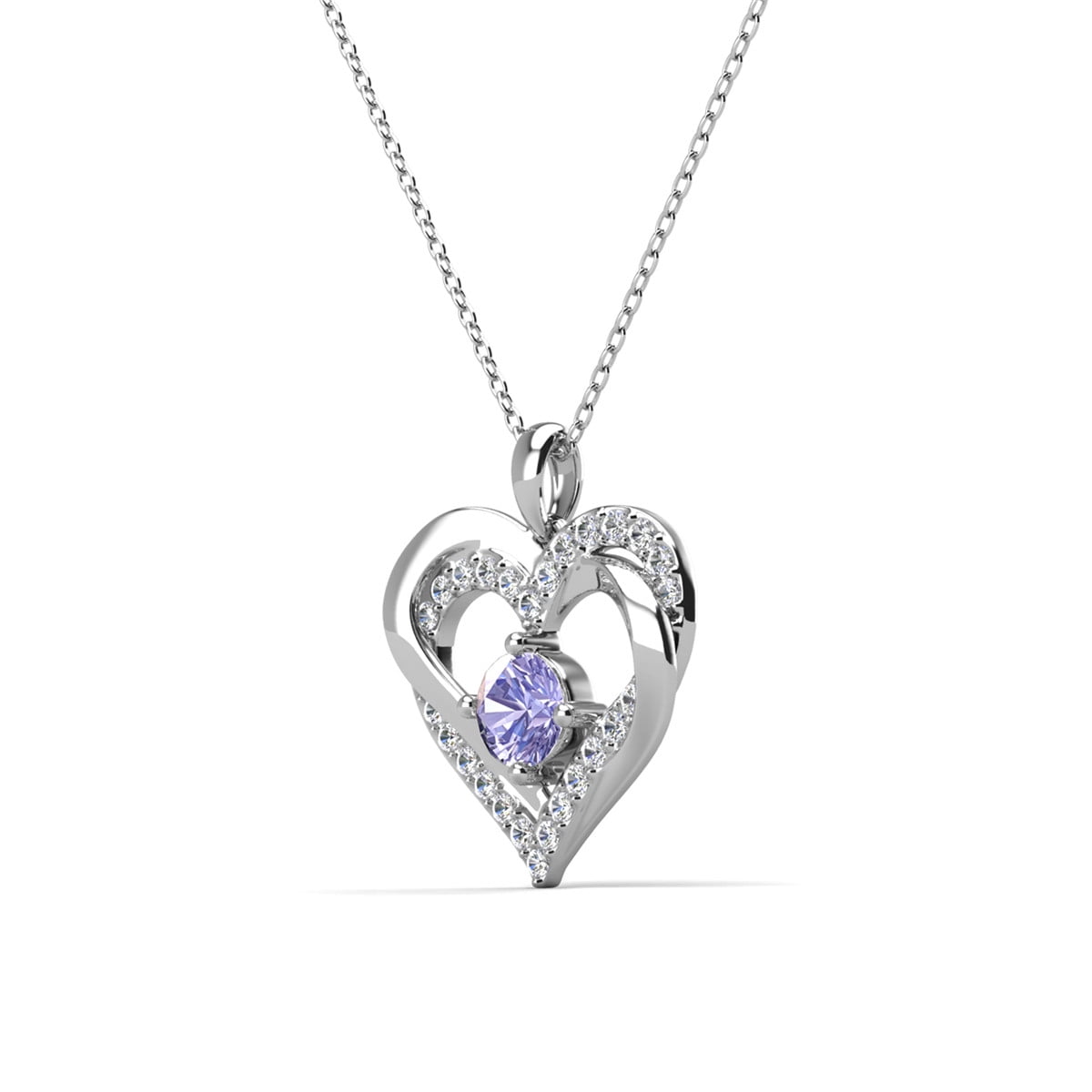 Forever 18k White Gold Plated Birthstone Double Heart Necklace with Swarovski Crystals