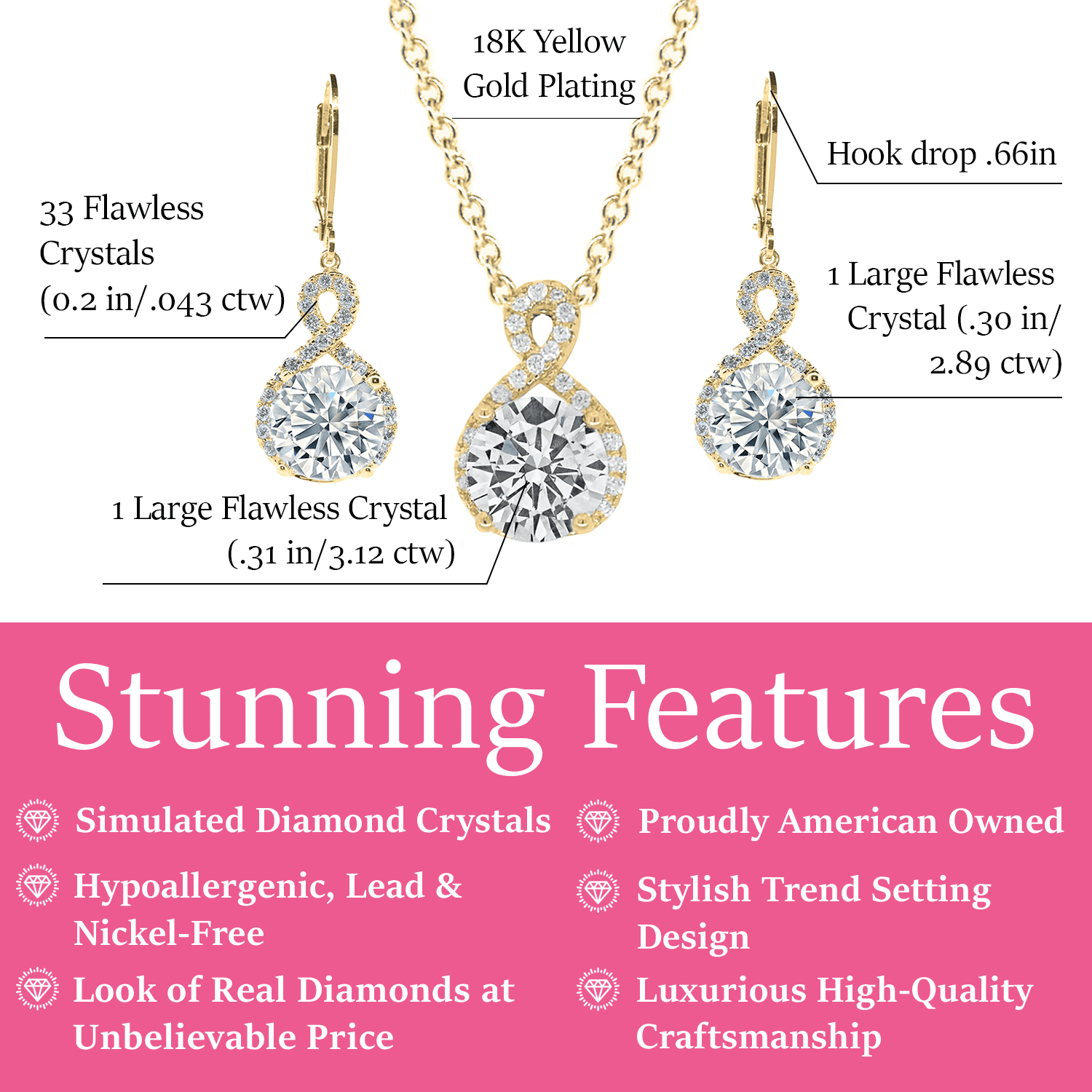 Alessandra 18k White Gold Plated Infinity Earrings and Necklace Jewelry Set with Simulated Diamond Crystals