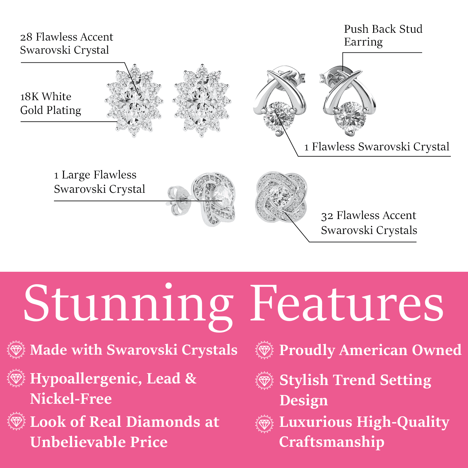 Eloise, Stella, Sage 18k White Gold Plated Stud Earrings for Women (3 Pair Set)