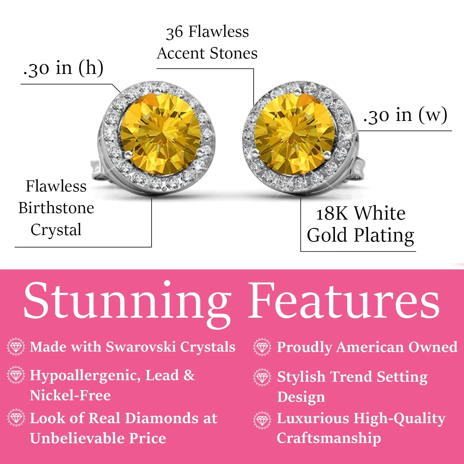 Royal 18k White Gold Plated Birthstone Halo Earrings with Round Cut Swarovski Crystals