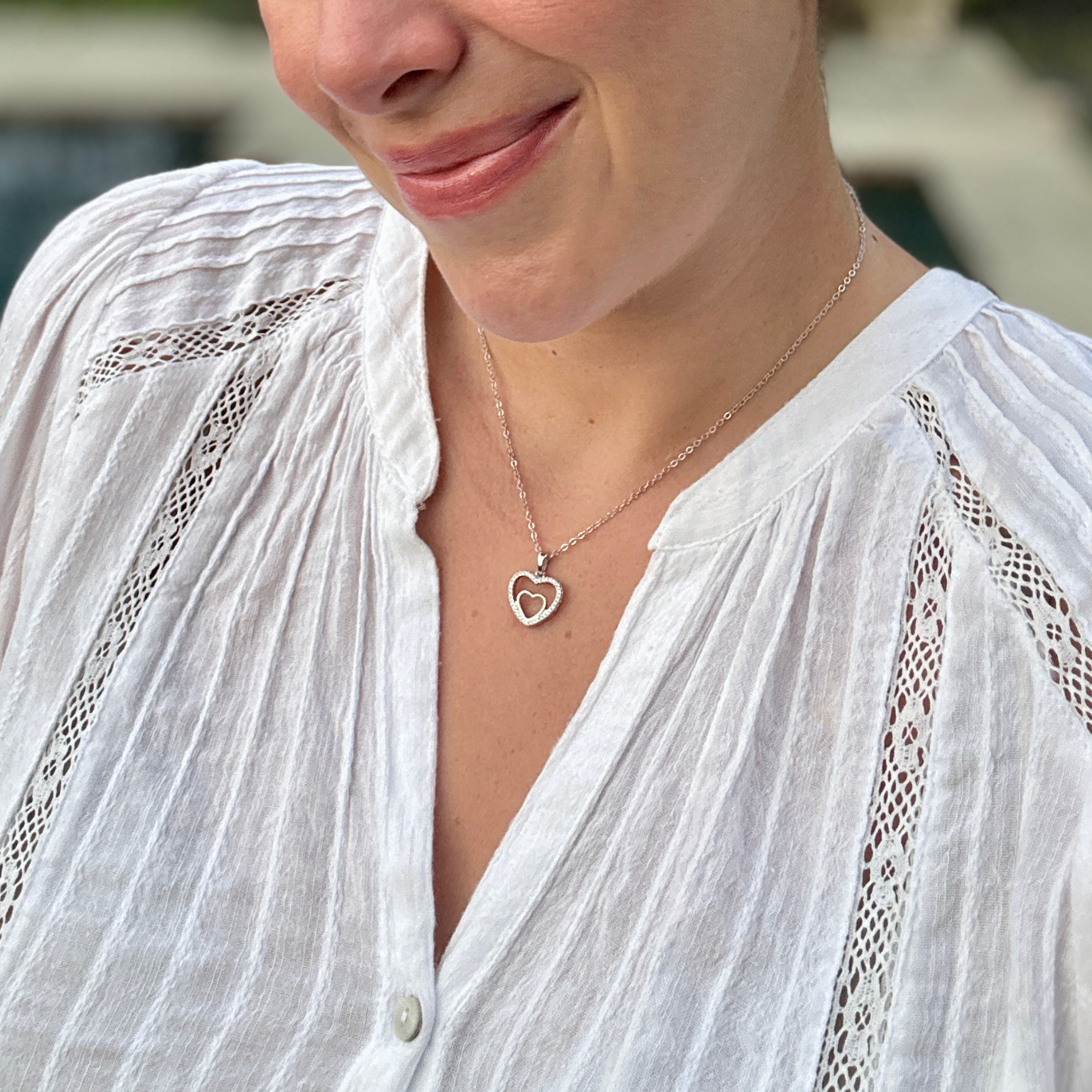 Amorette 18k White Gold Plated Double Heart Pendant Necklace with Pave Simulated Diamond Crystals