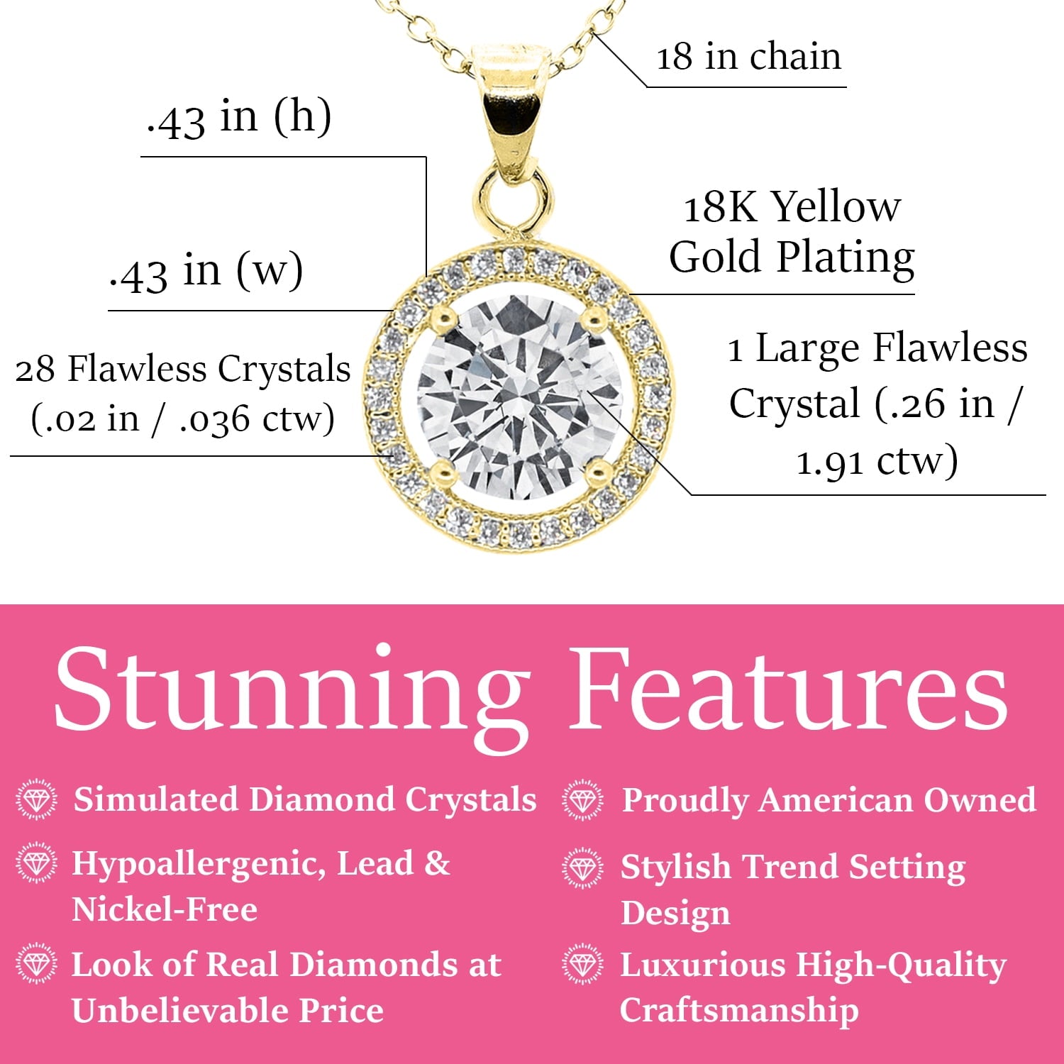 Blake 18k White Gold Plated Halo Pendant Necklace Simulated Diamond Crystals