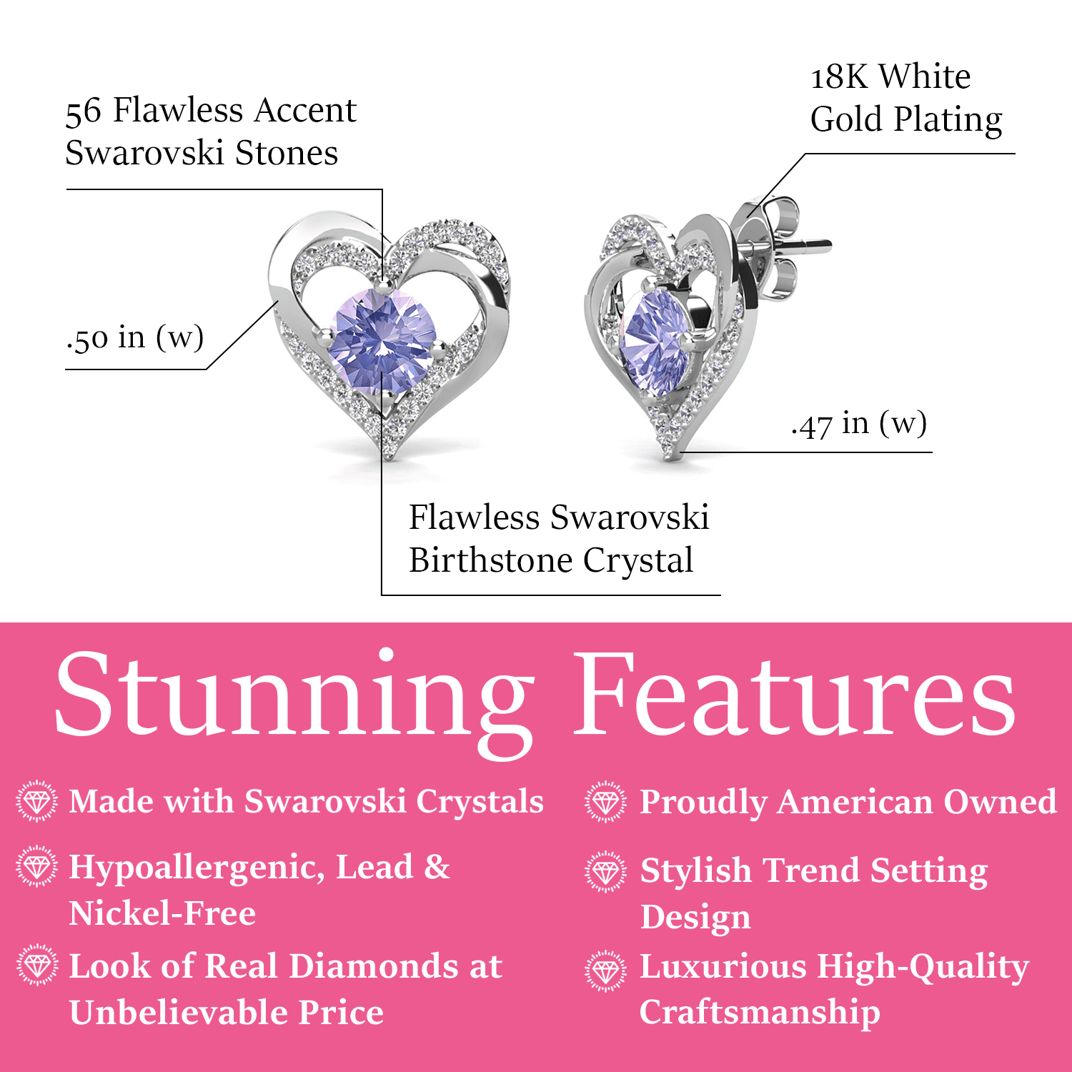 Forever Birthstone 18k White Gold Plated Silver Double Heart Earrings with Swarovski Crystals