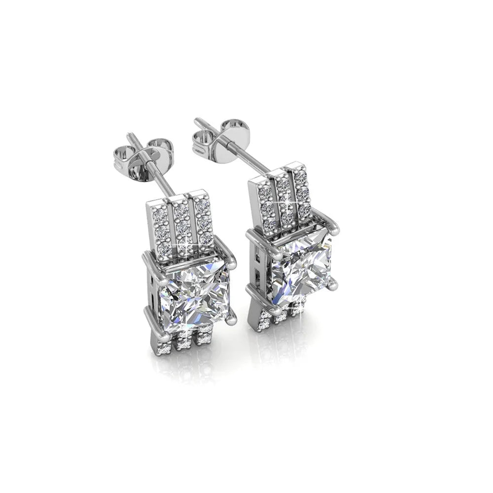 Fiona 18k White Gold Stud Earrings with Princess Cut Swarovski Crystals