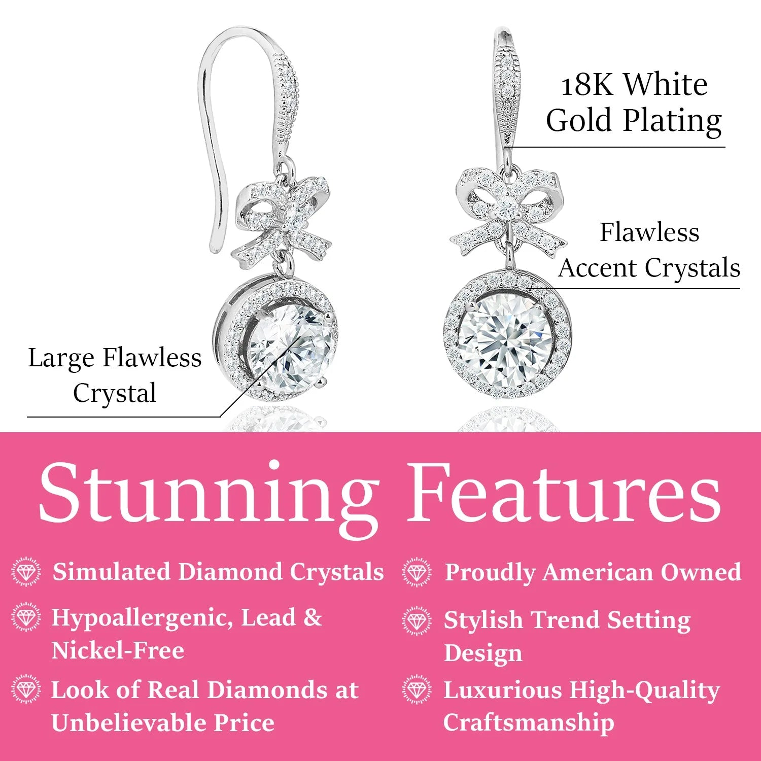 Seraphina 18k White Gold Plated Silver Bow Halo Drop Earrings with Simulated Diamond Crystals