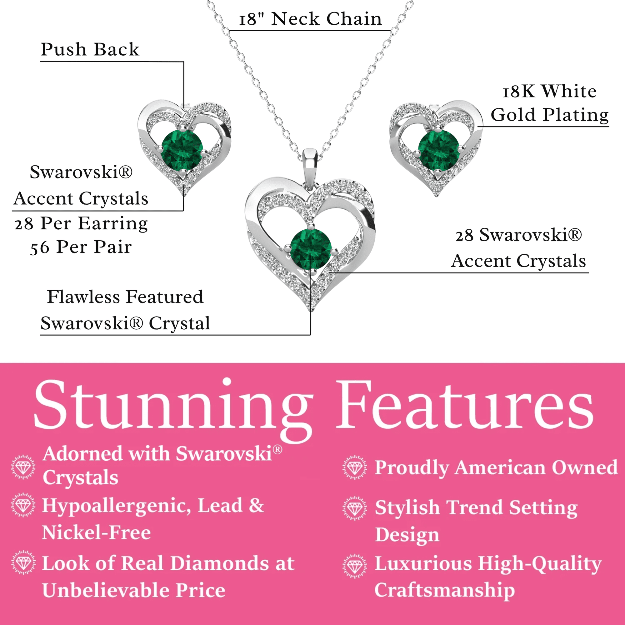 Forever Birthstone 18k White Gold Plated Silver Double Heart Earrings and Necklace Set with Swarovski Crystals