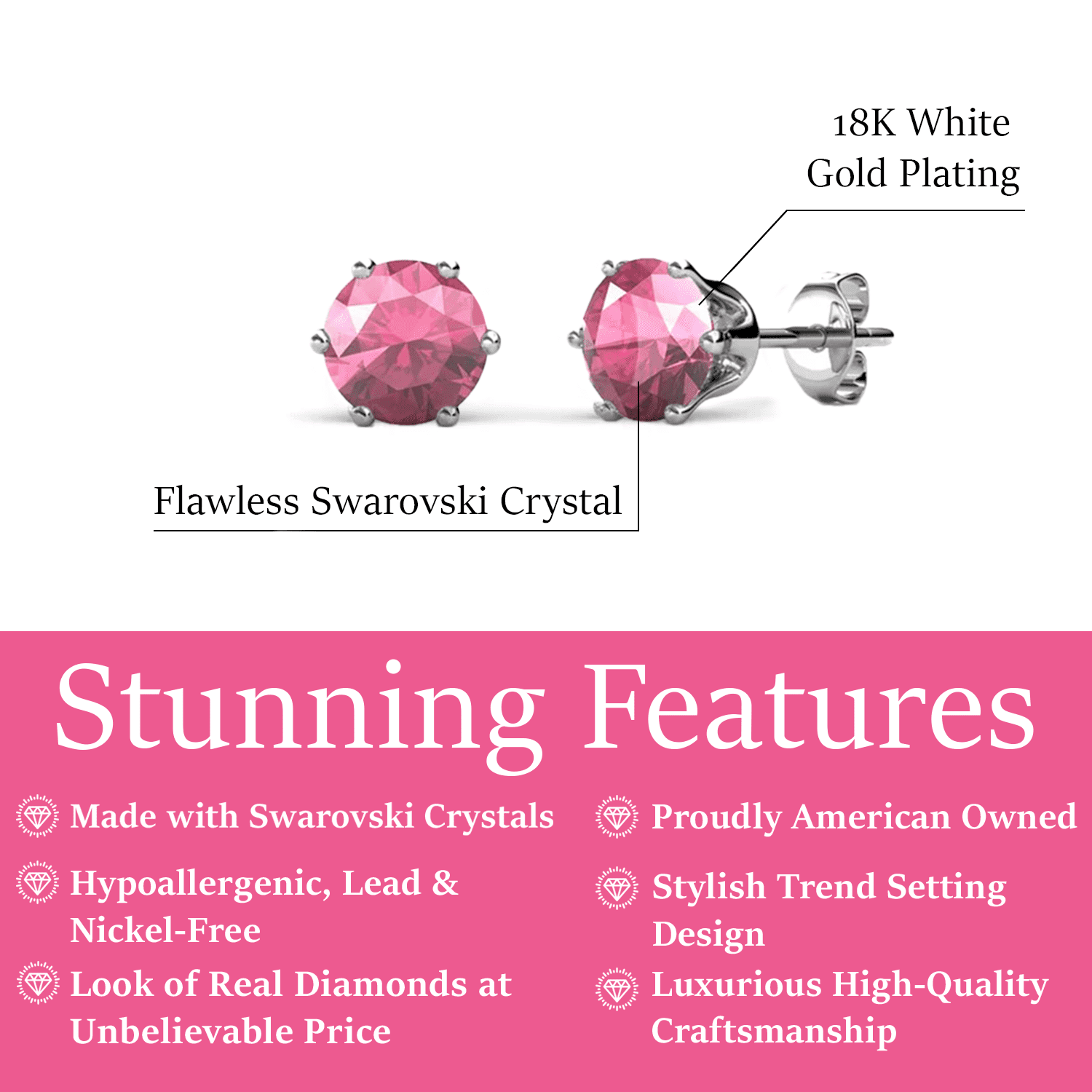 Birthstone Earrings 18k White Gold Plated Stud Earrings with 1CT Swarovski Crystals