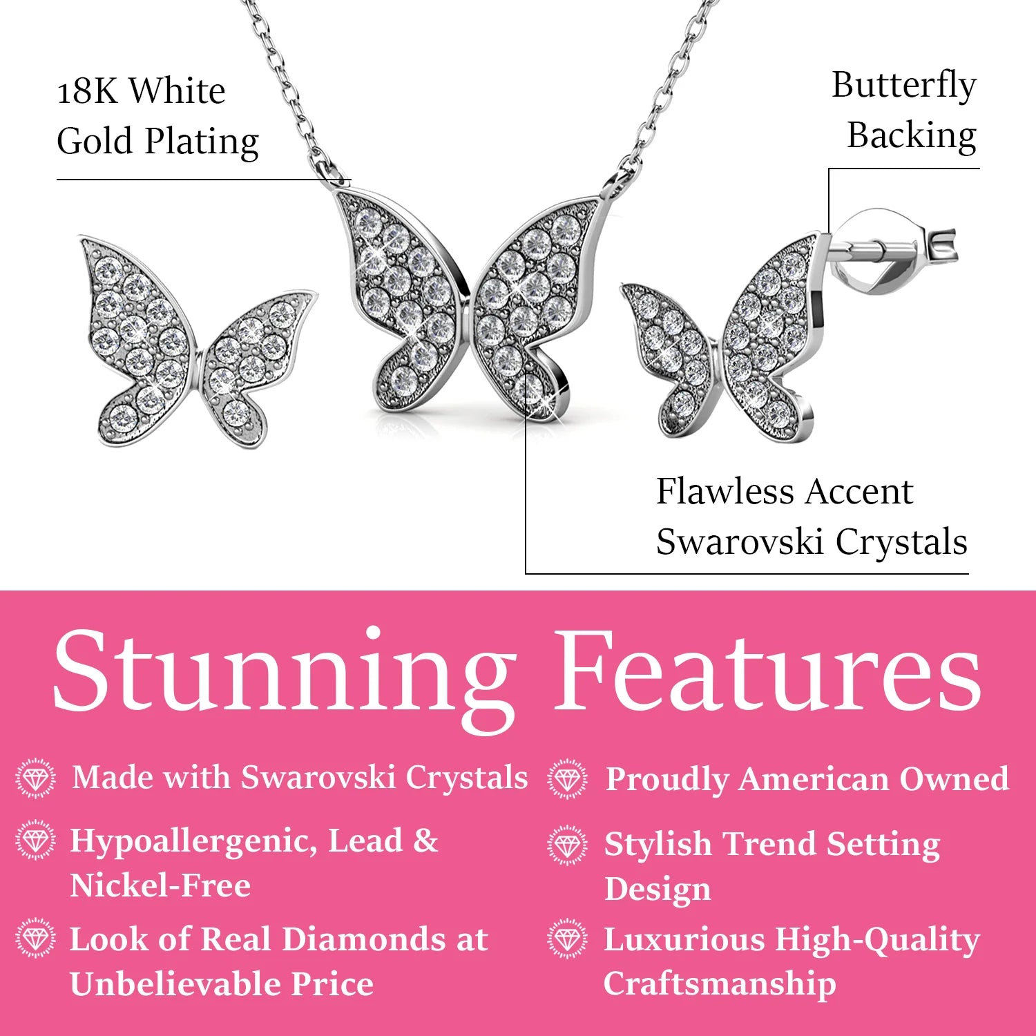 Yuenen 18k White Gold Plated Silver Butterfly Necklace and Earring Set with Swarovski Crystals