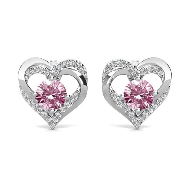 Forever 18k White Gold Plated Birthstone Double Heart Earrings with Crystals