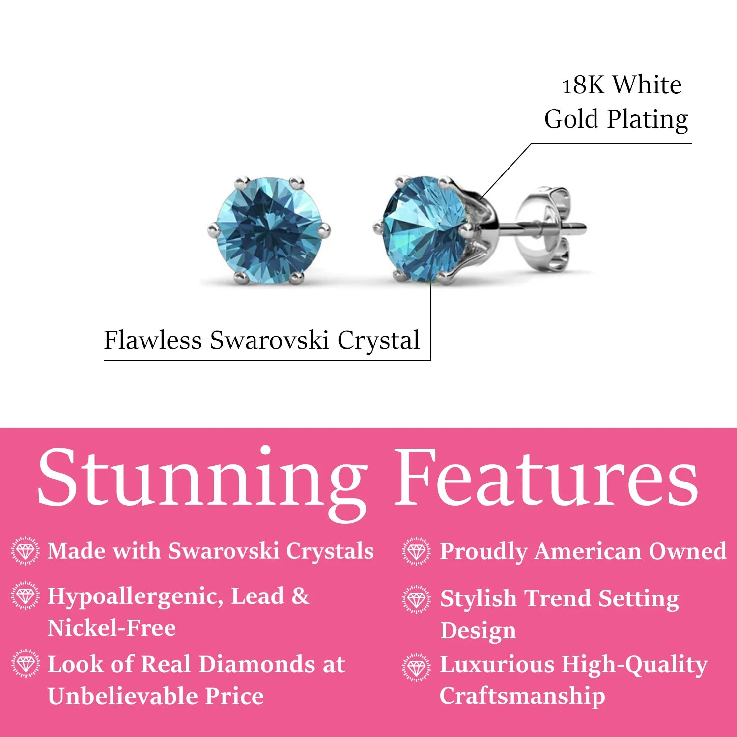 Birthstone Earrings 18k White Gold Plated Stud Earrings with 1CT Swarovski Crystals