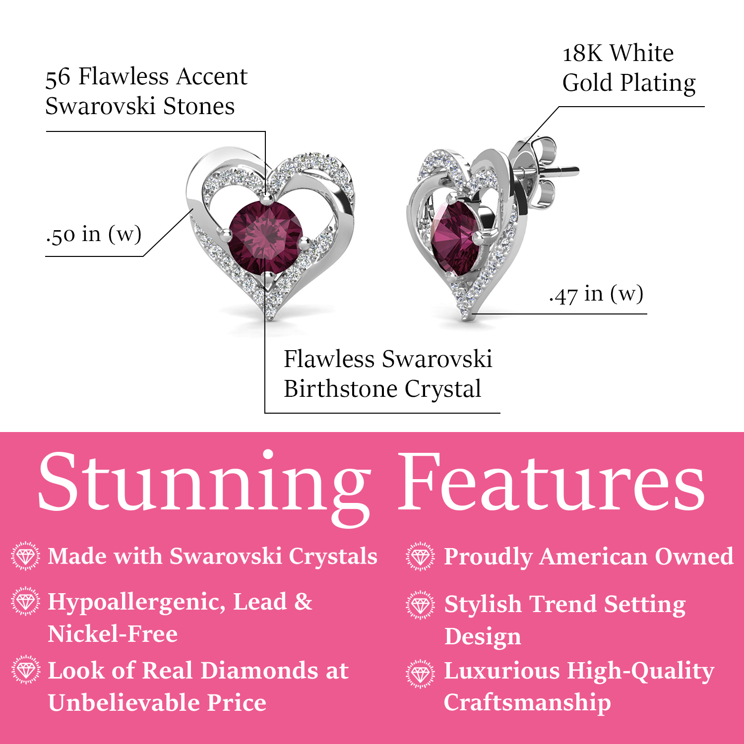 Forever Birthstone 18k White Gold Plated Silver Double Heart Earrings with Swarovski Crystals