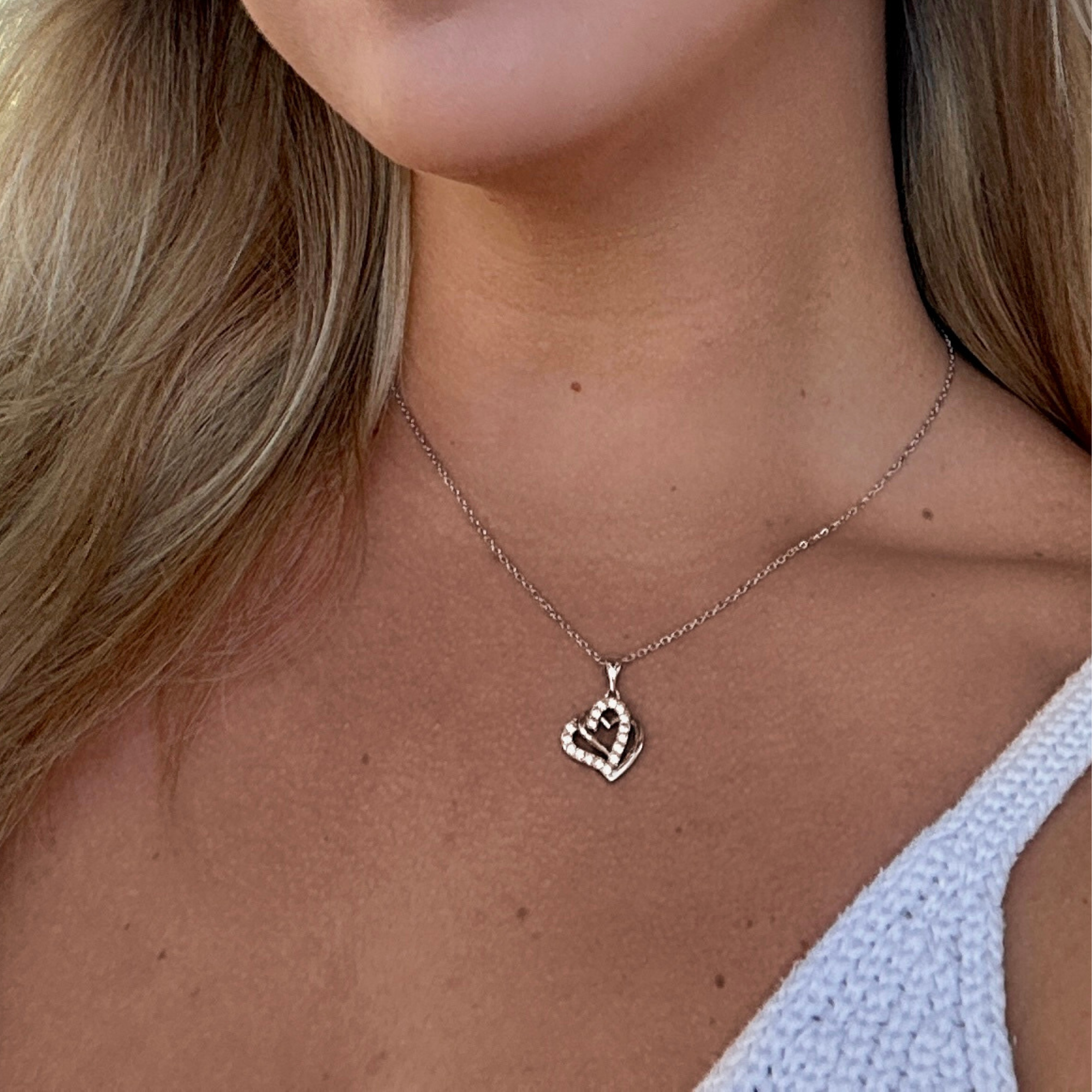 Angela 18k White Gold Plated Silver Double Heart Necklace with Swarovski Crystals — Fab Fav