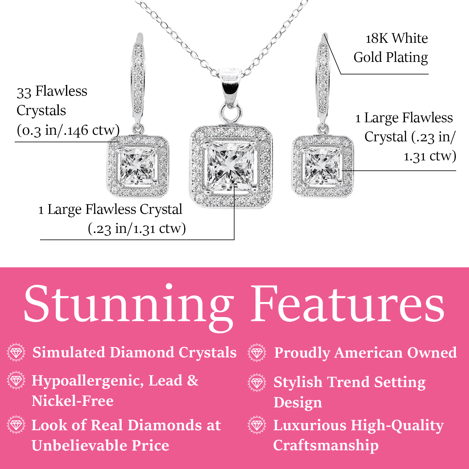 Ivy 18k White Gold Plated Pendant Necklace and Earrings Jewelry Set with Simulated Diamond Crystals