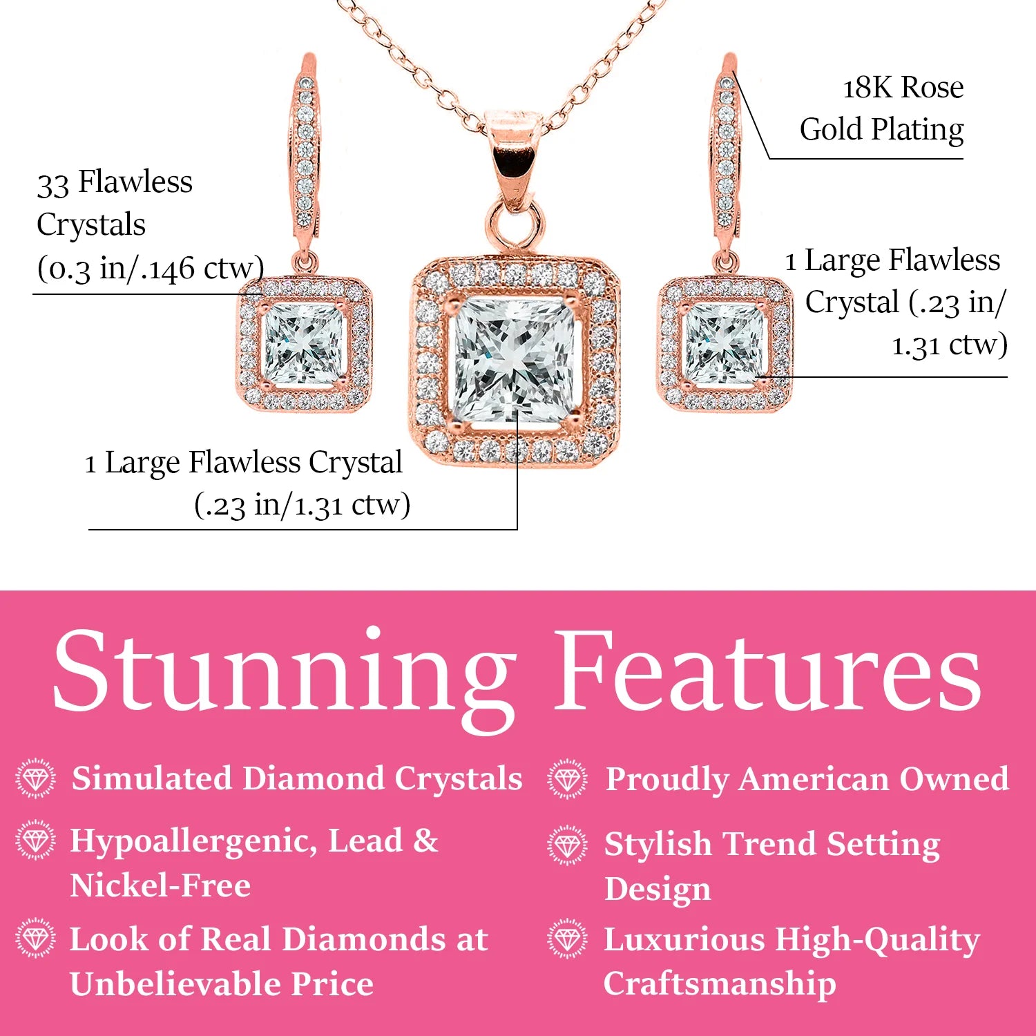 Ivy 18k White Gold Plated Pendant Necklace and Earrings Jewelry Set with Simulated Diamond Crystals