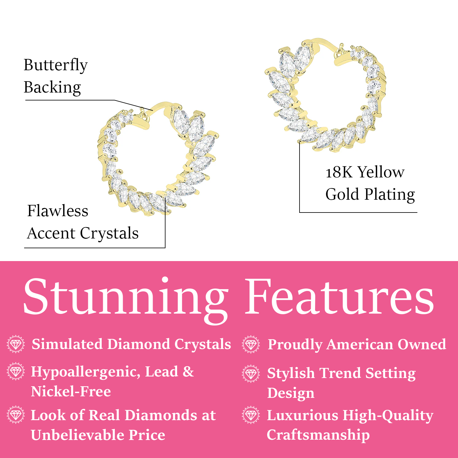 Adelyn 18k Gold Plated Sideways Hoop Earrings with Simulated Diamond Crystals