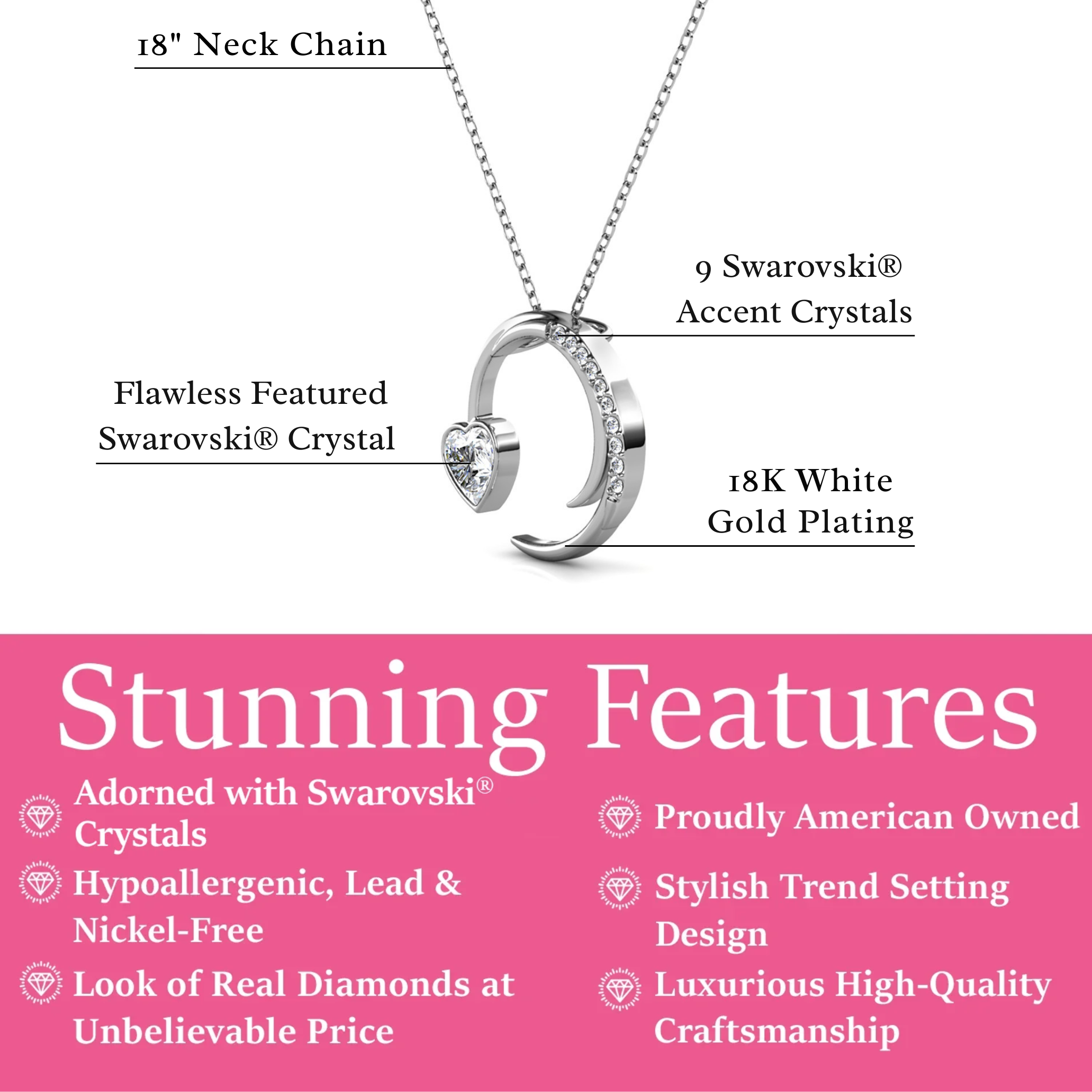 Aelin 18k White Gold Plated Crescent Heart Pendant Necklace with Swarovski Crystals
