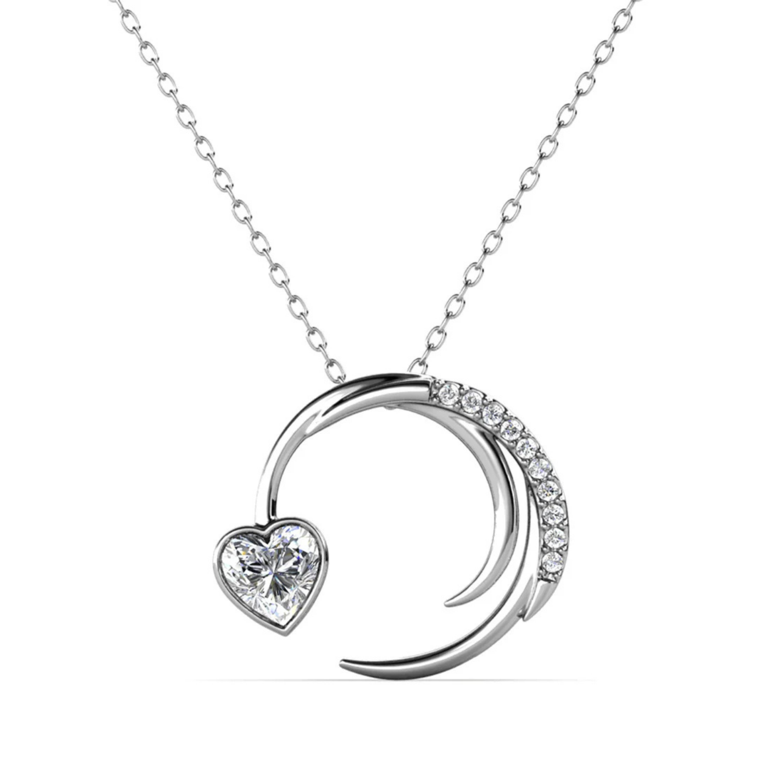 Aelin 18k White Gold Plated Crescent Heart Pendant Necklace with Swarovski Crystals