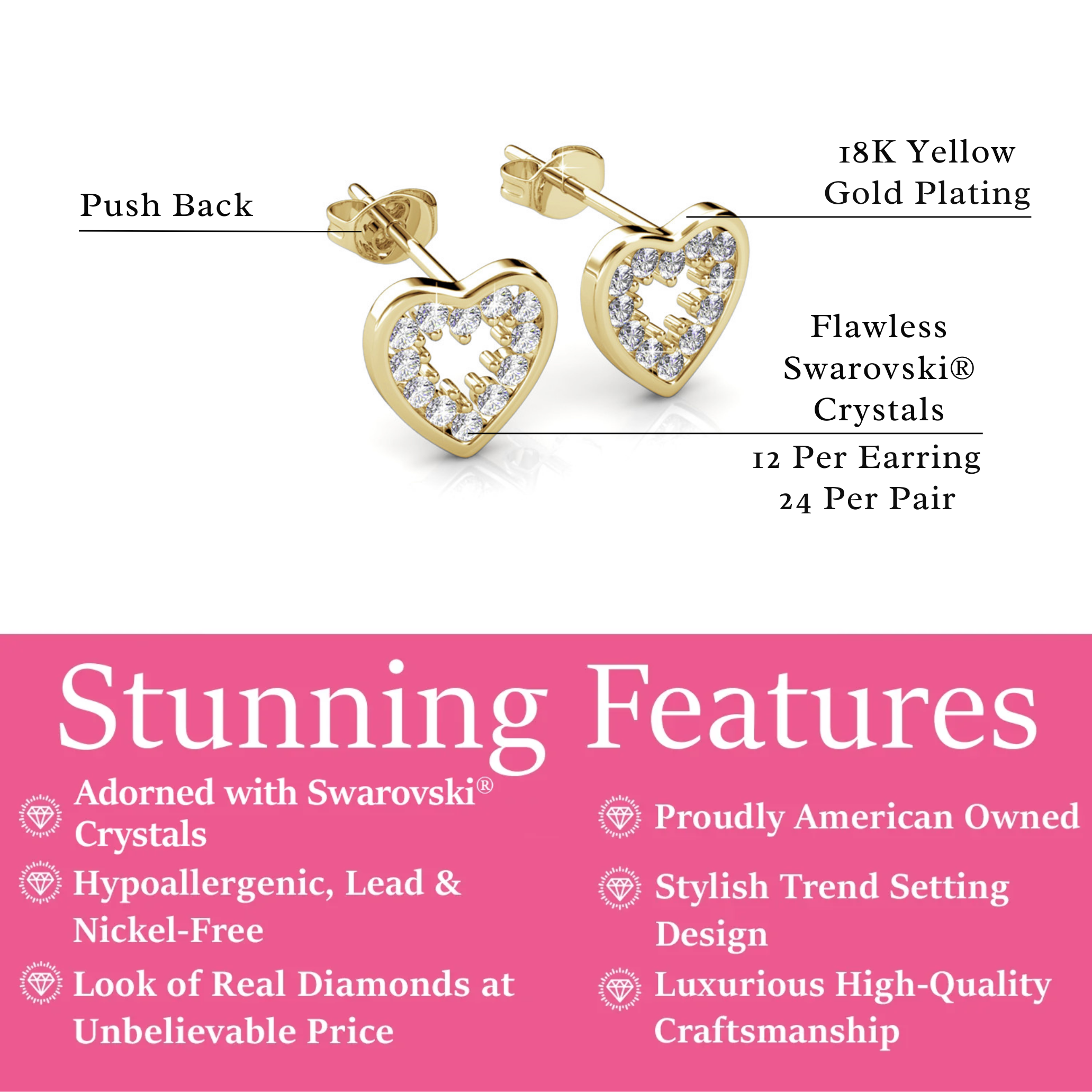 Ainsley 18k White Gold Plated Heart Earrings with Swarovski Crystals