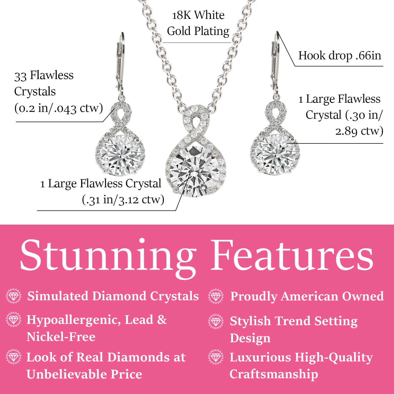 Alessandra 18k White Gold Plated Infinity Drop Earrings & Necklace Jewelry Set with CZ Crystals