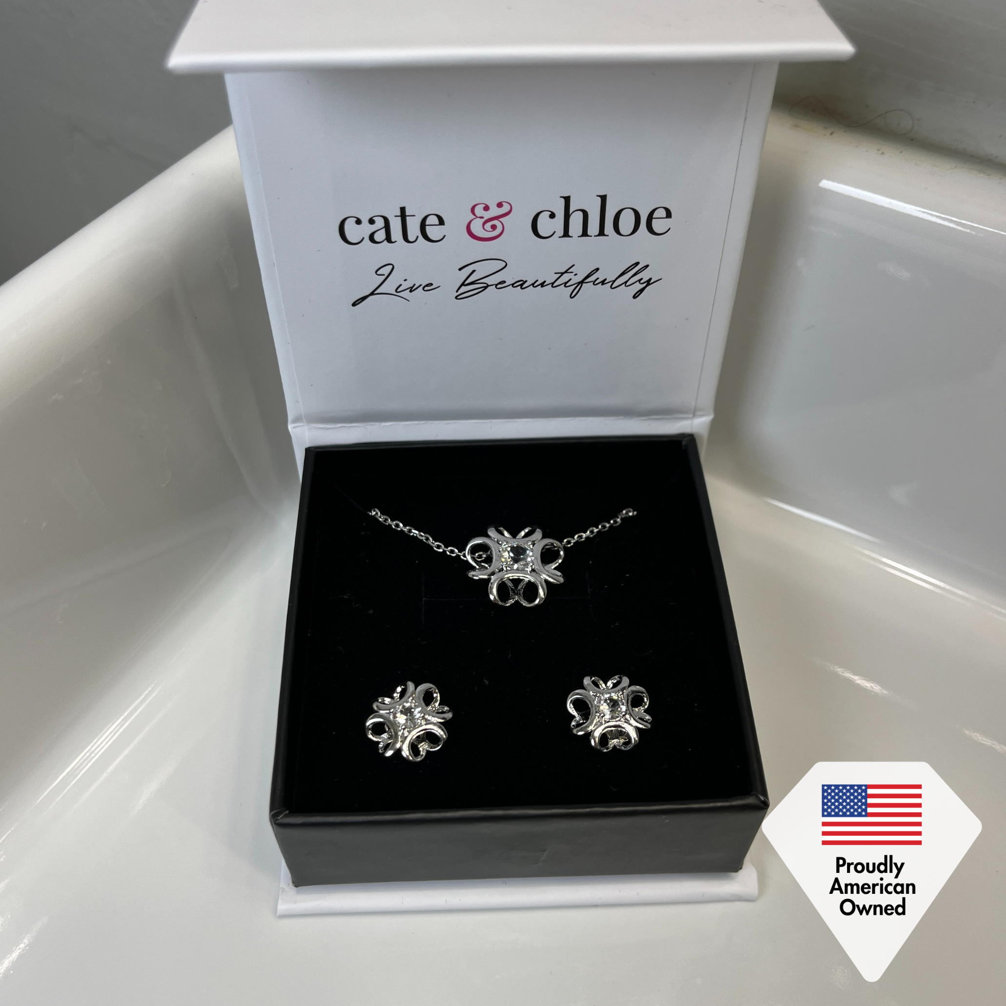 Alexis 18k White Gold Plated Flower Earring and Necklace Set with Swarovski Crystals