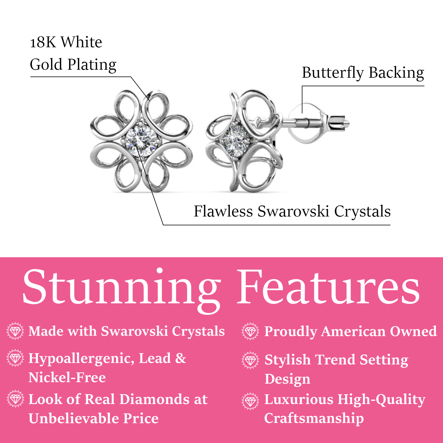 Alexis 18k White Gold Plated Flower Stud Earrings with Swarovski Crystal - Fab Friday Sale