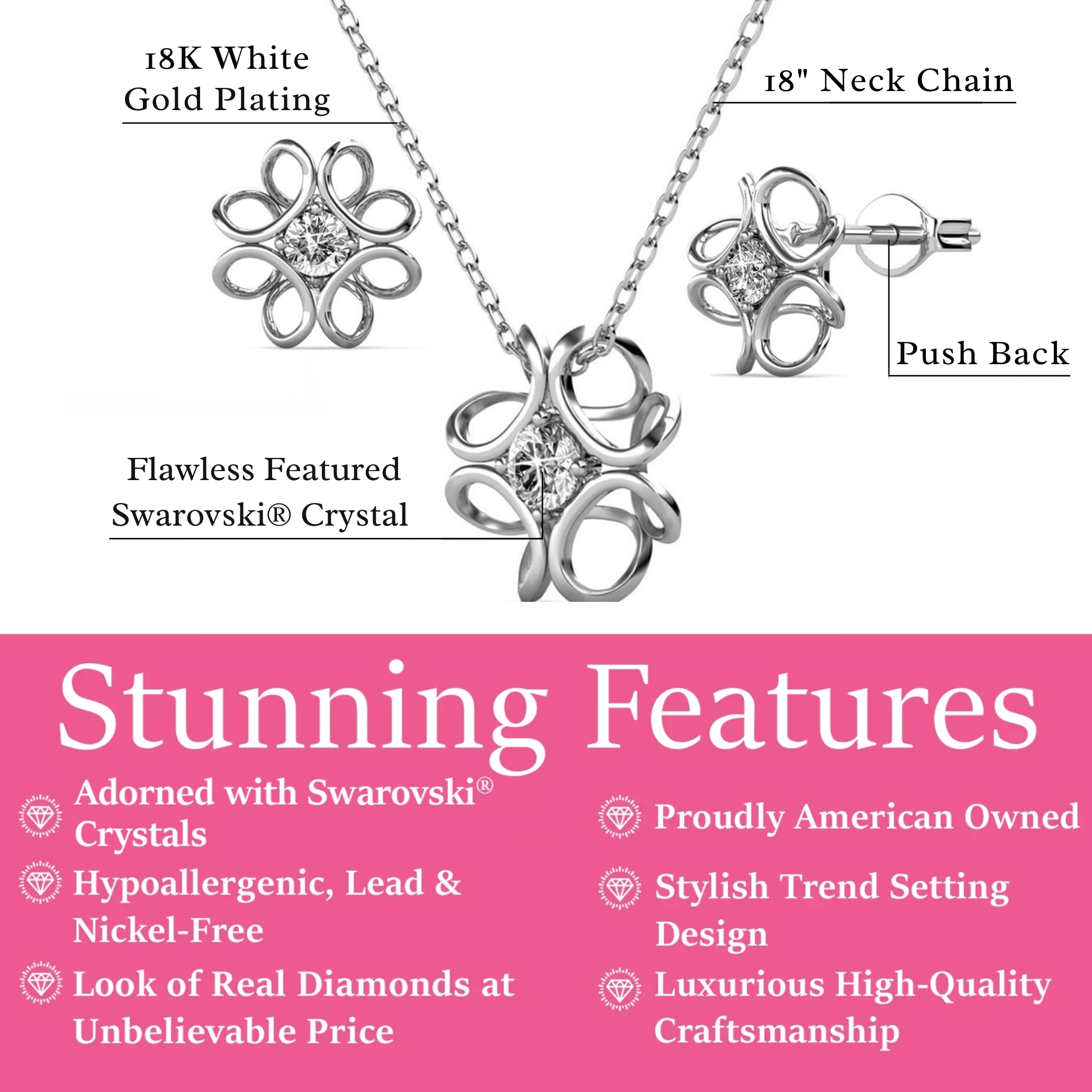 Alexis 18k White Gold Plated Flower Earring and Necklace Set with Swarovski Crystals