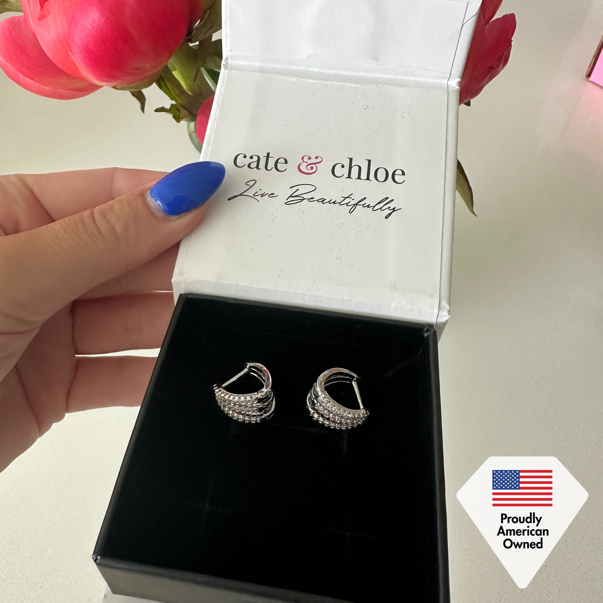 Aliyah 18k White Gold Plated 14mm Hoop Earrings with Simulated Diamond Crystals