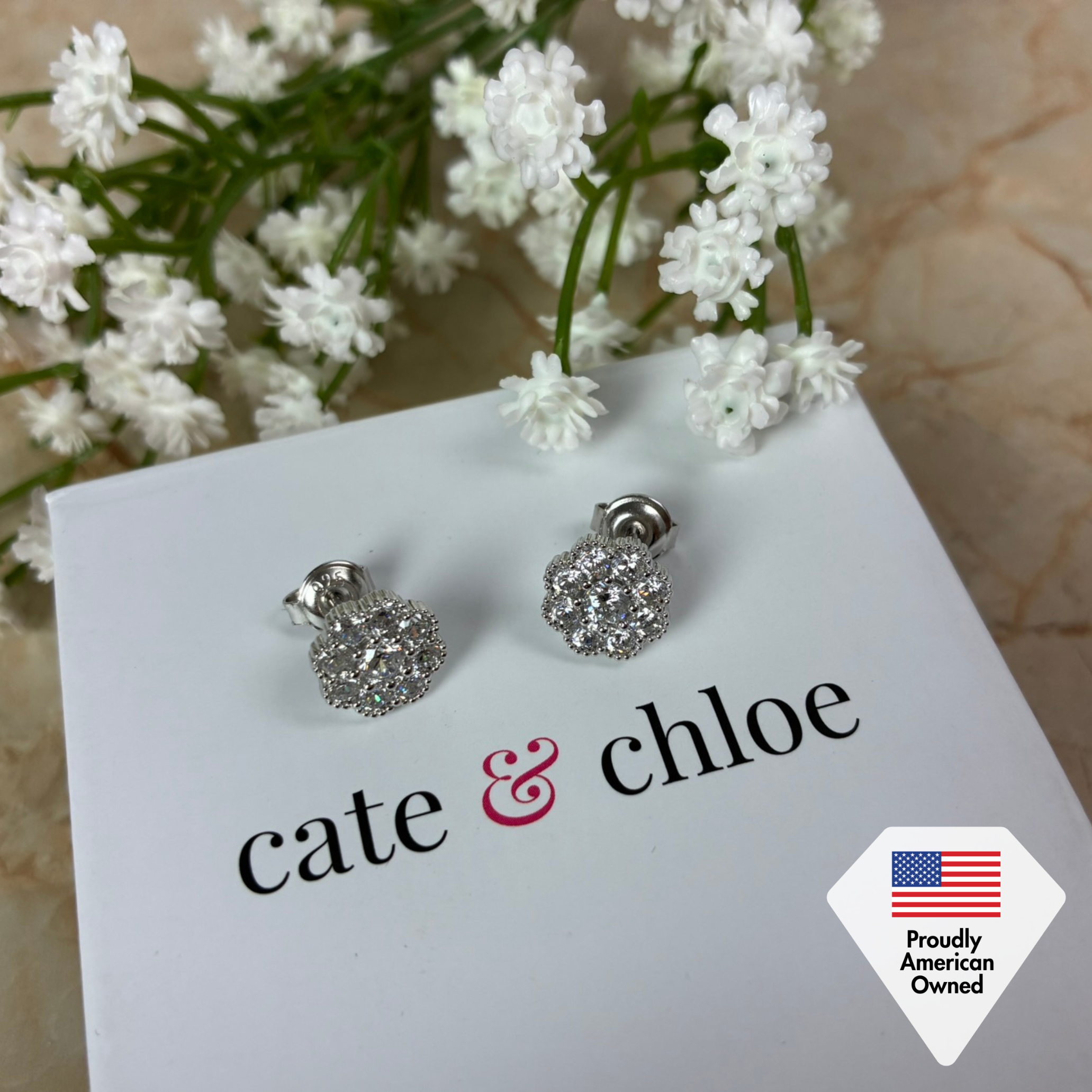 Alyssa 18k White Gold Plated Flower Stud Earrings with Simulated Diamond Crystals