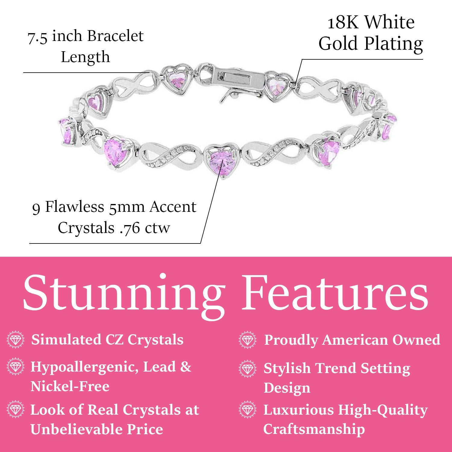 Amanda 18k White Gold Plated Infinity Heart Tennis Bracelet with Simulated Diamond Crystals