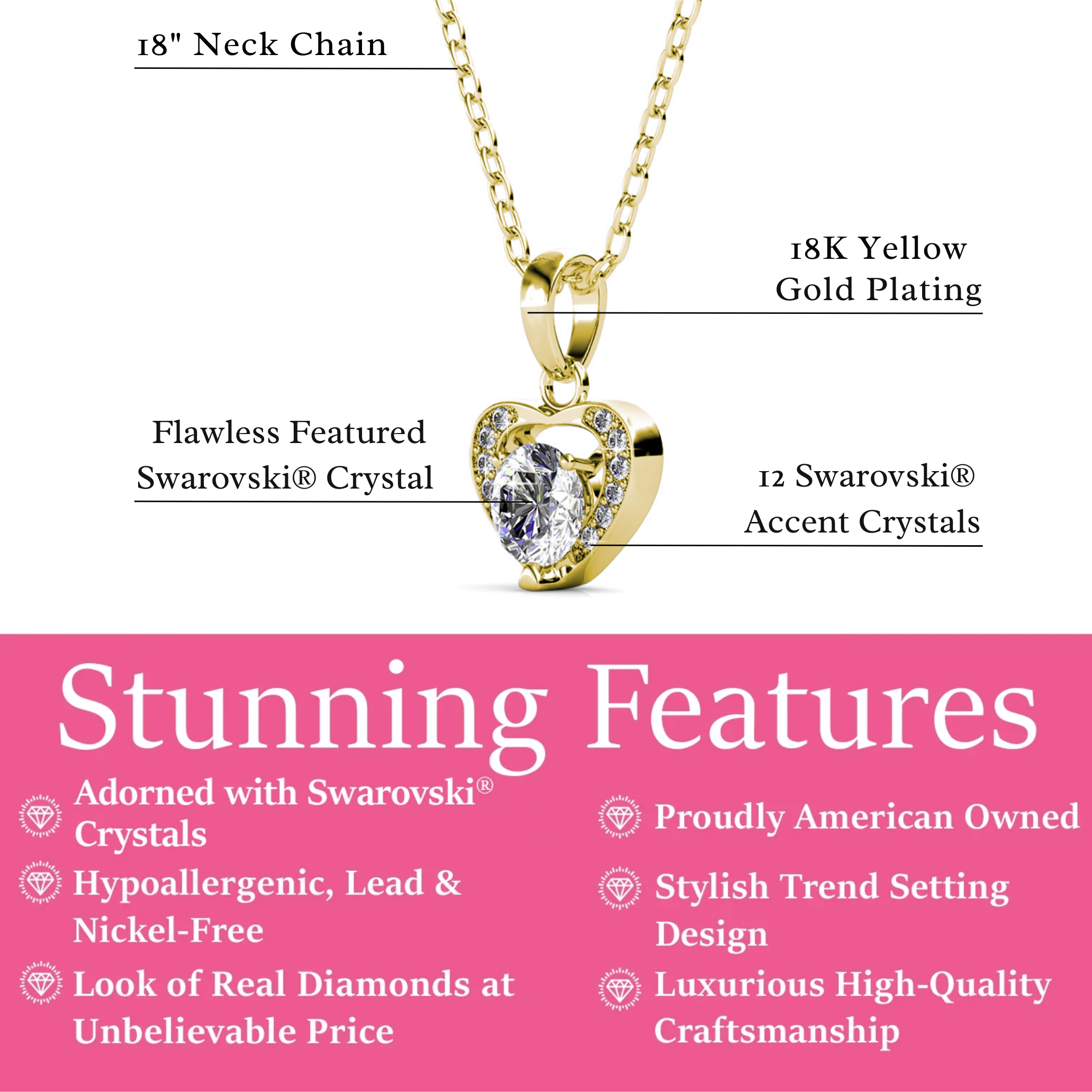 Amberly 18k White Gold Plated Heart Pendant Necklace with Solitaire Round Cut Swarovski Crystals