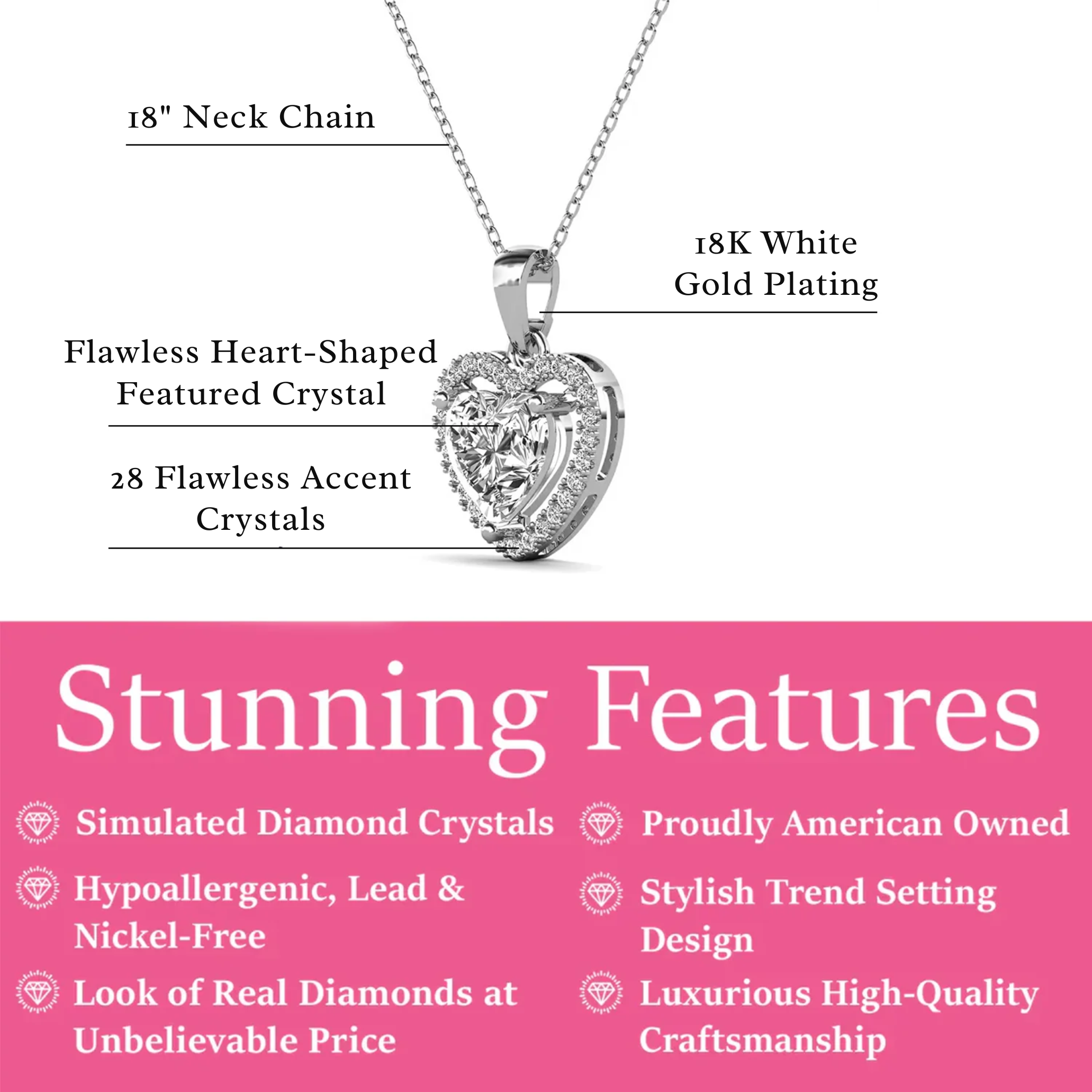 Amora 18k White Gold Plated Heart Necklace & Kindness and Light Green Bow Card