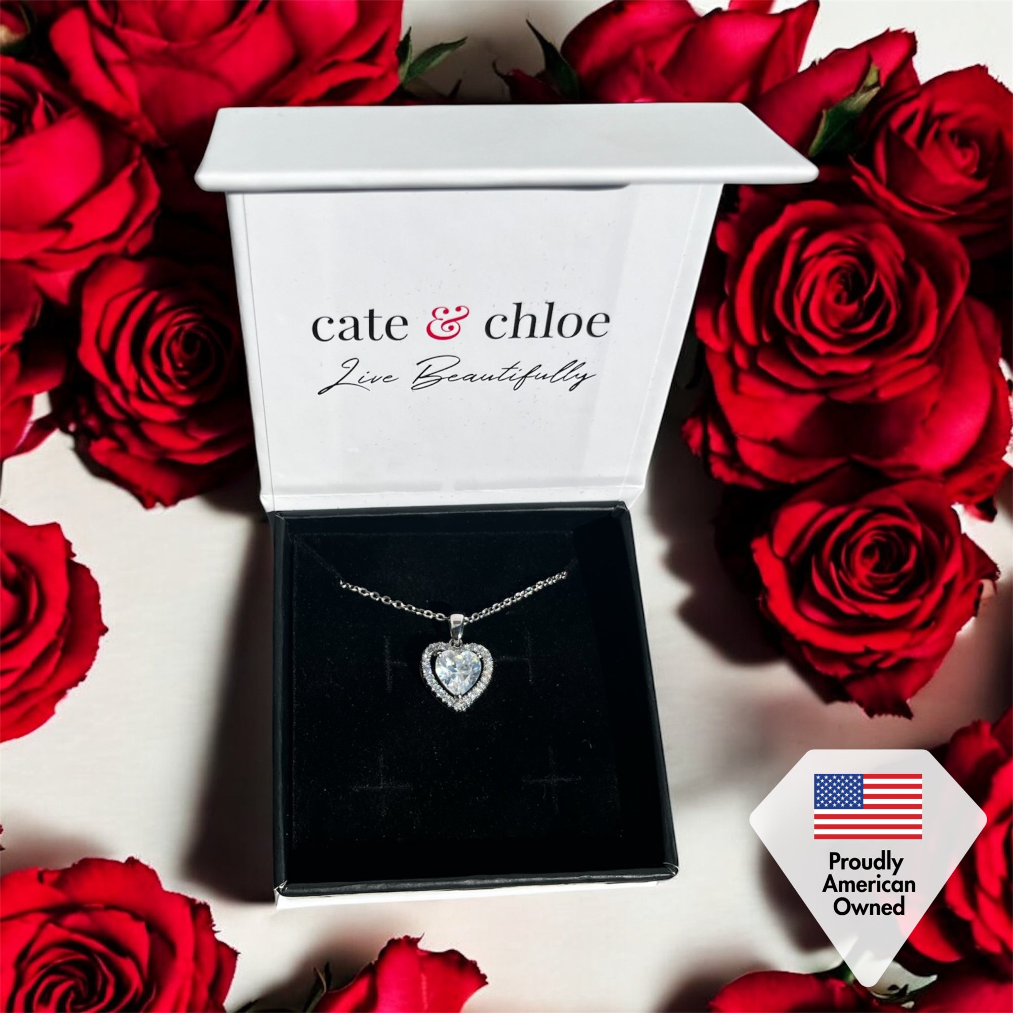 Amora 18k White Gold Plated Heart Necklace & Kindness and Light Green Bow Card