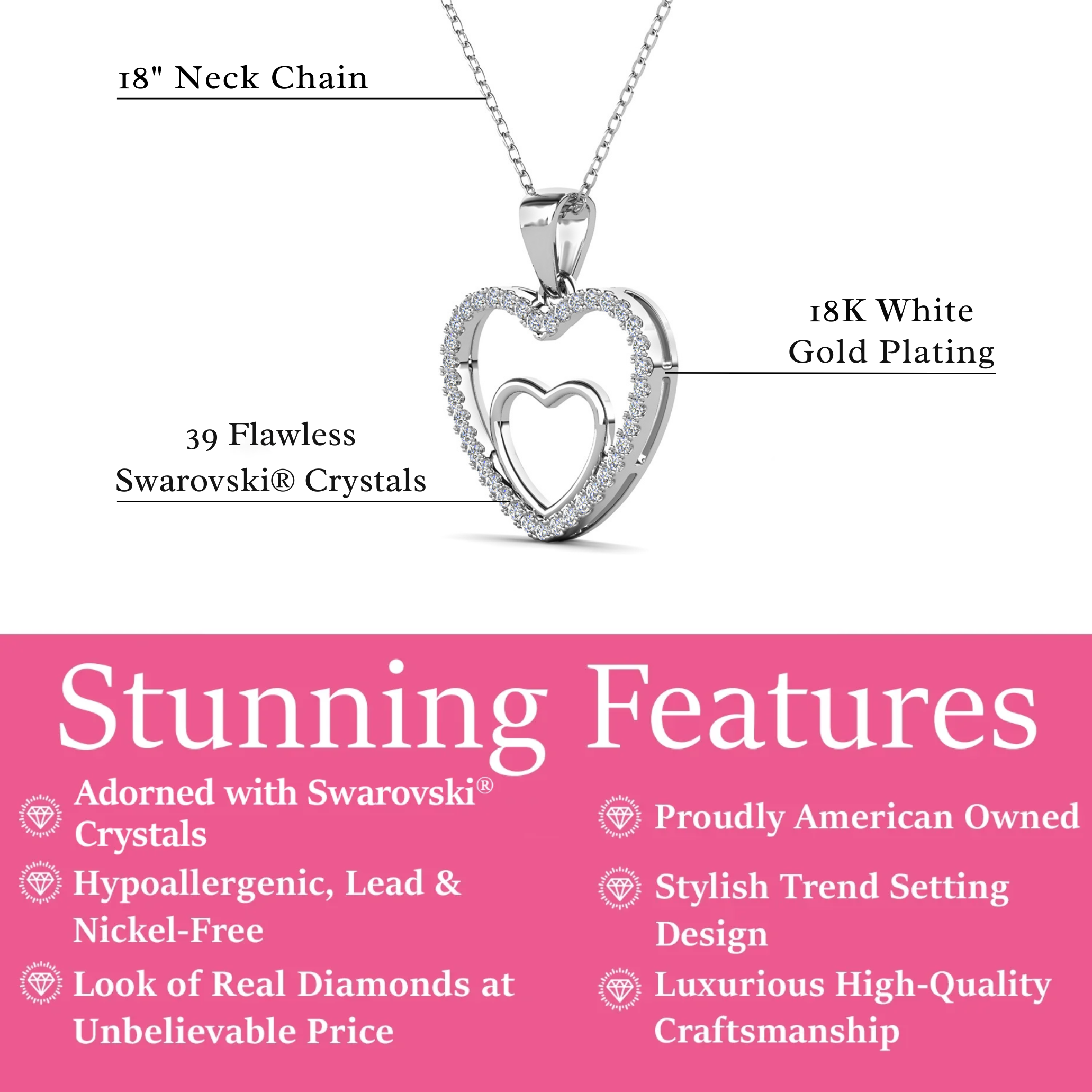 Amorette 18k White Gold Plated Double Heart Pendant Necklace with Simulated Diamond Crystals & Heartfelt Message for Mom