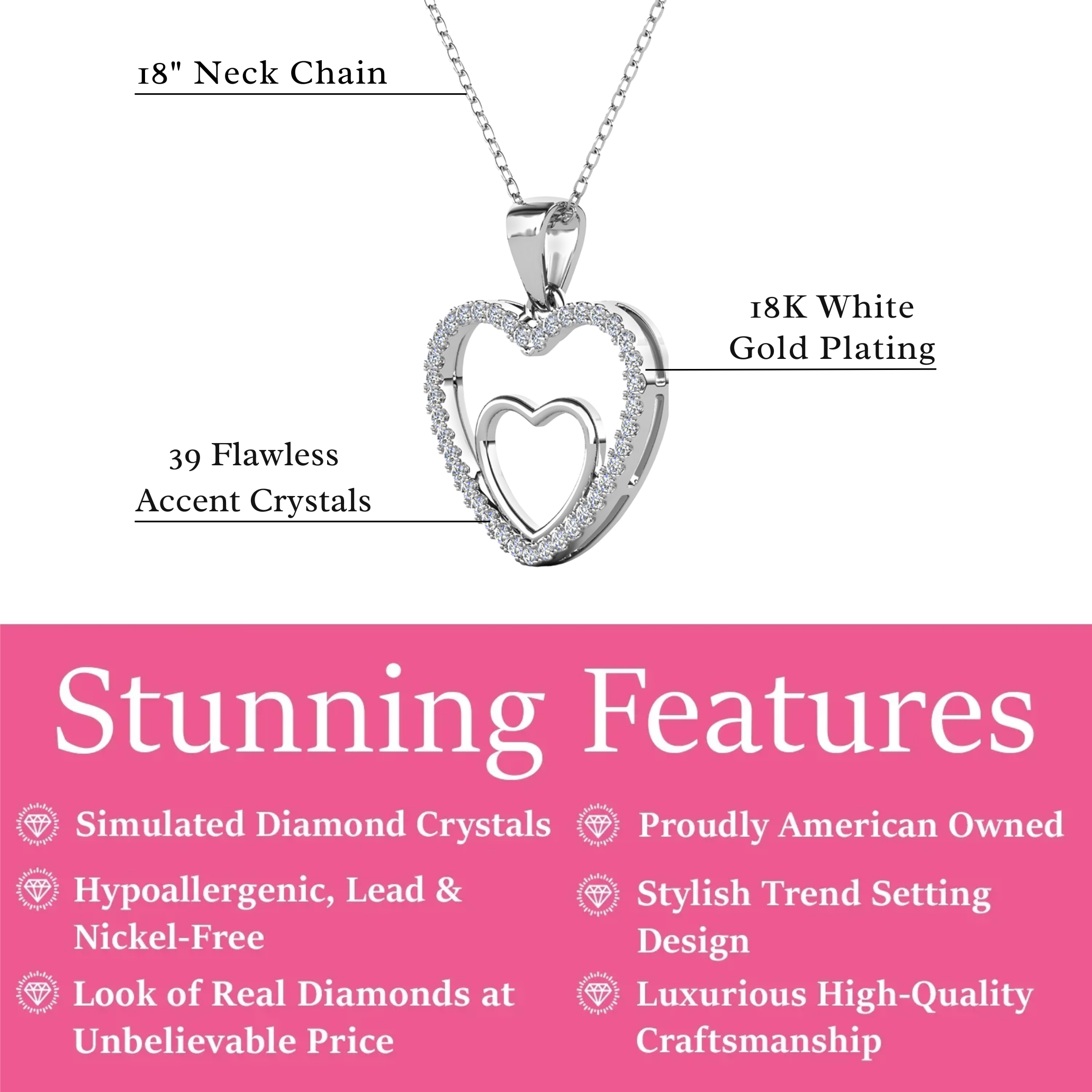 Amorette 18k White Gold Plated Double Heart Pendant Necklace with Pave Simulated Diamond Crystals