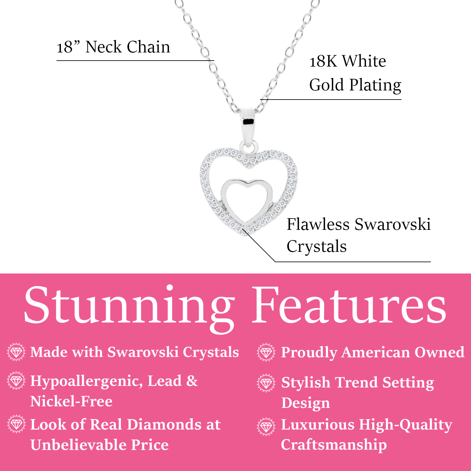 Amorette 18k White Gold Plated Double Heart Pendant Necklace with Pave Simulated Diamond Crystals