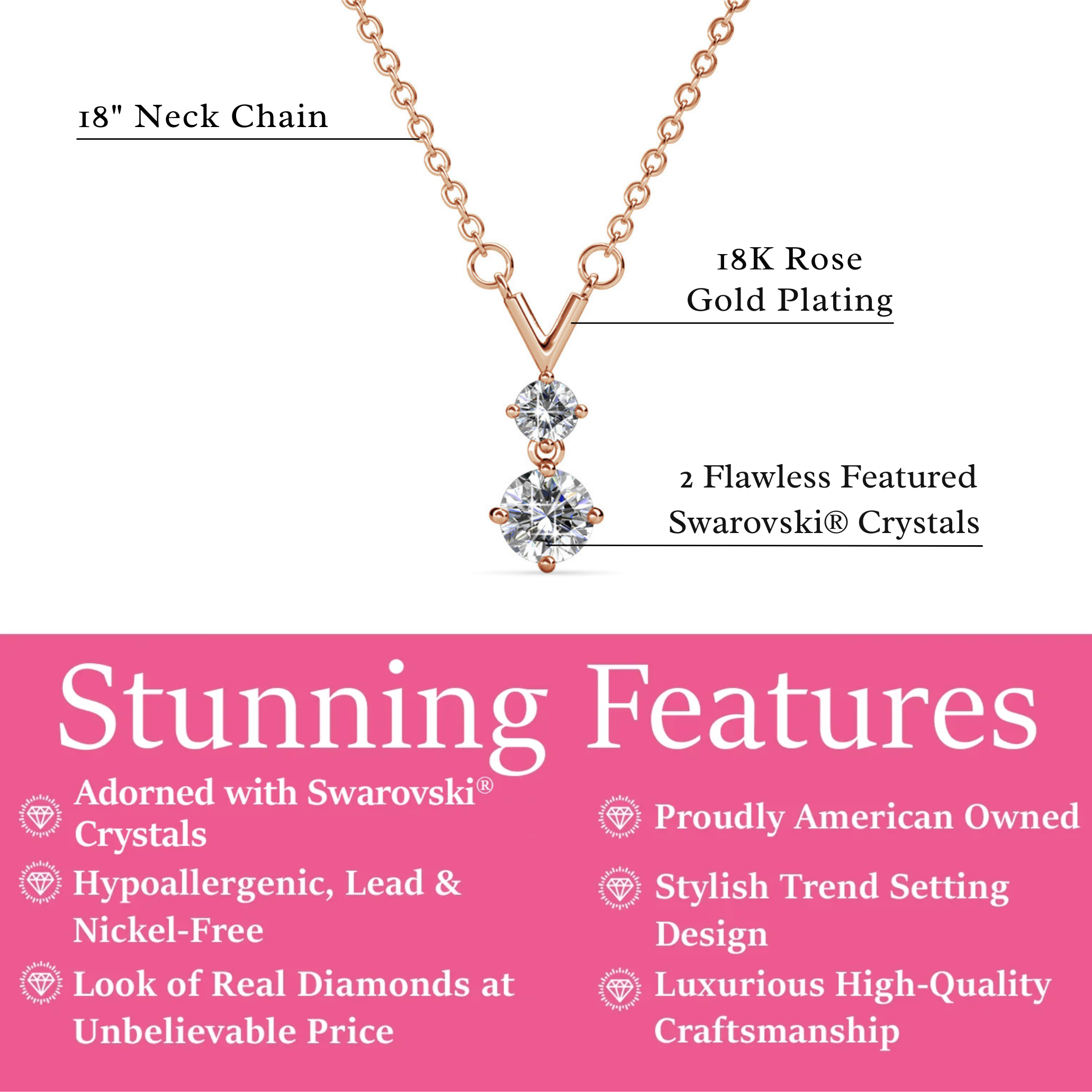 Andy 18k White Gold Plated 2-Stone Pendant Necklace with Swarovski Crystals