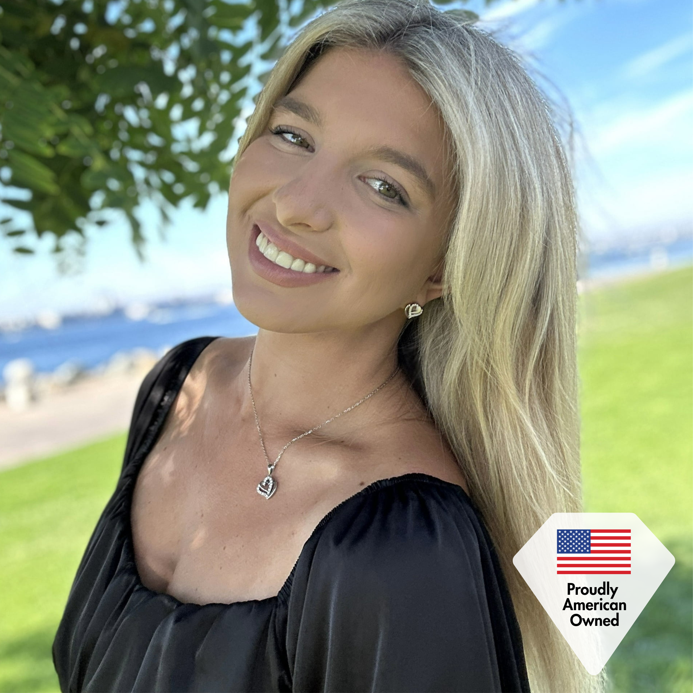 Angela 18k White Gold Plated Double Heart Stud Earrings and Necklace Set with Swarovski Crystals