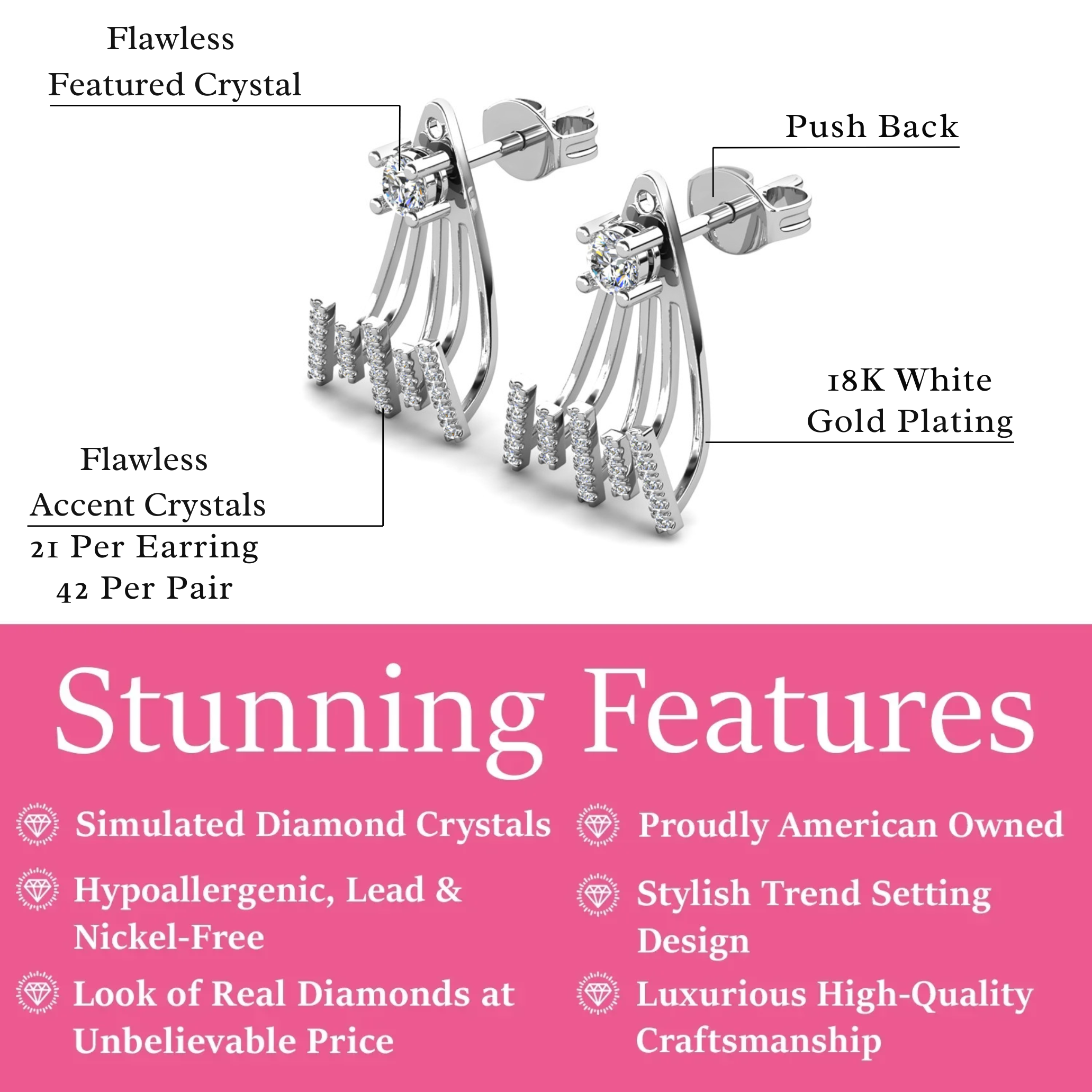 Angelina 18k White Gold Plated Stud Earrings Drop Claw Design with Simulated Diamond Crystals